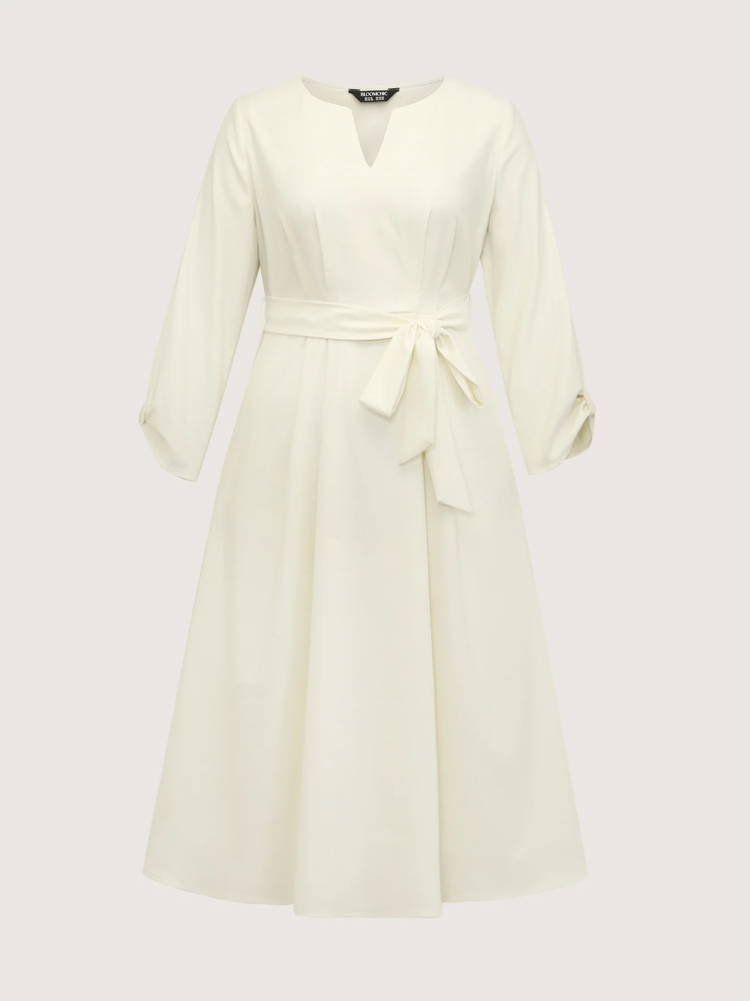 Pleated Split Neck Waist-Tie Maxi Dress