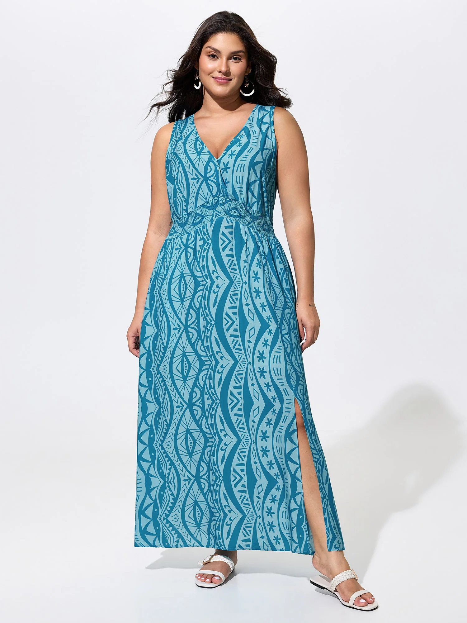 Floral Print Shirred Sleeveless Maxi Dress