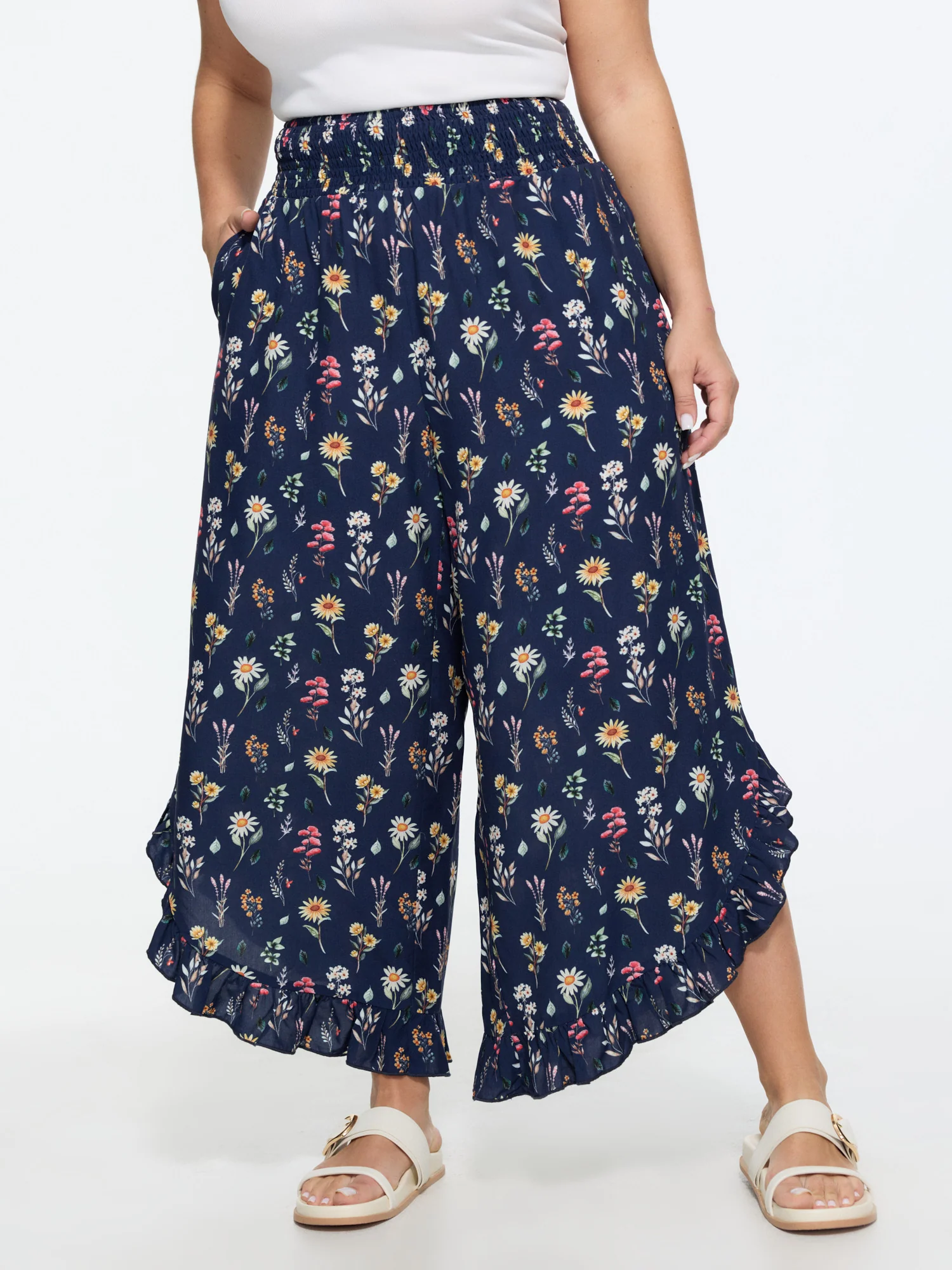 Colorful Floral Print Shirred Waist Ruffled Pants