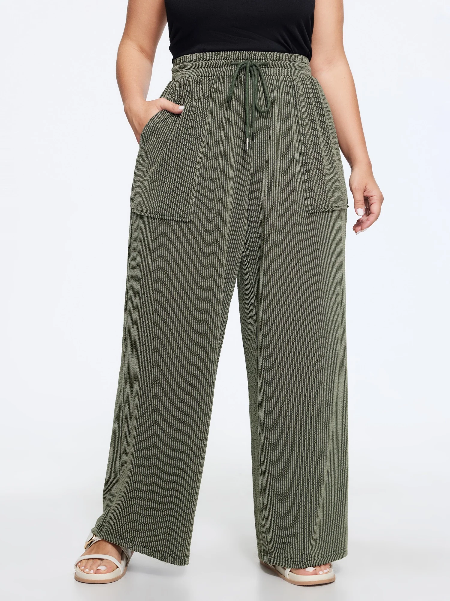 Textured Drawstring Pocket Wide Leg Pants