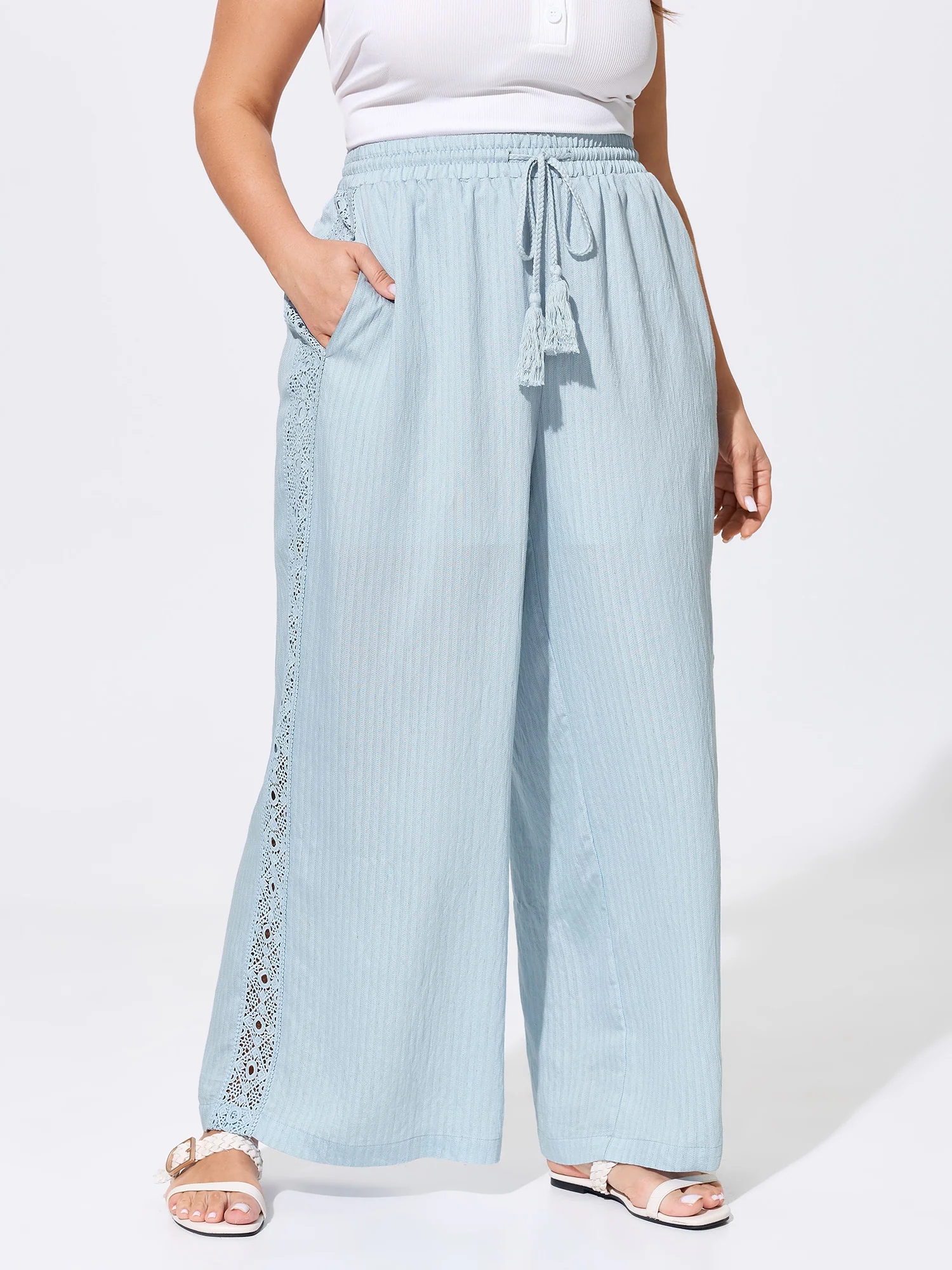 Linen Blend Side Design Drawstring Waist Pants