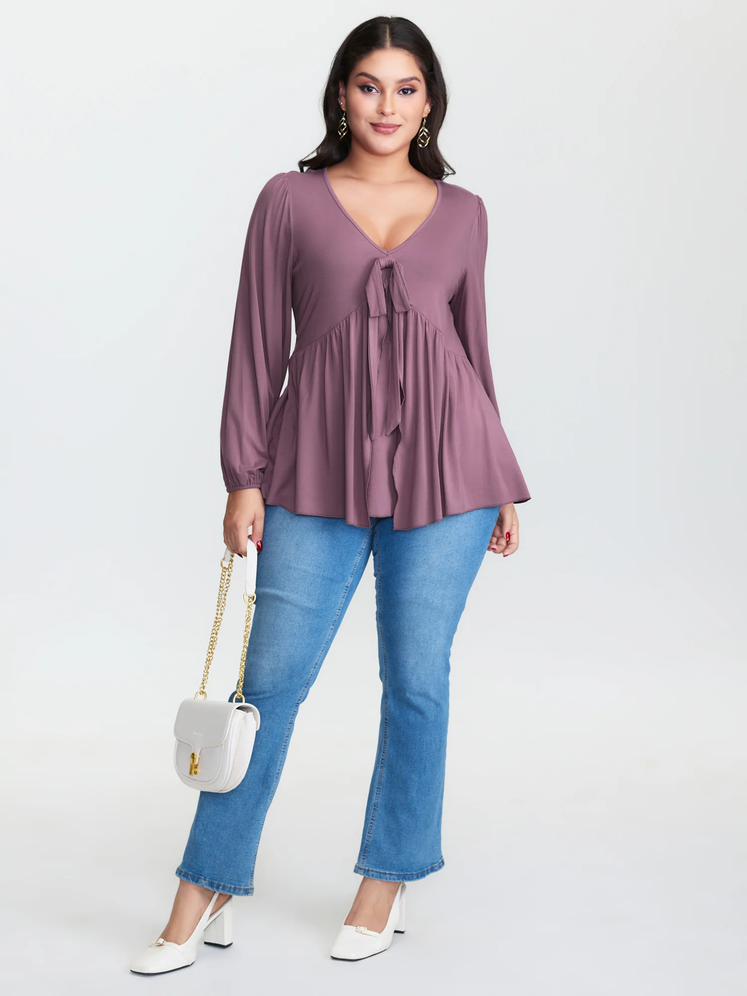 Stretchy Waistband Tie-Front Ruffled Knit Top
