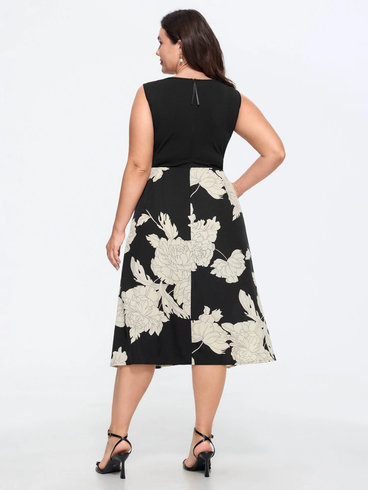 Floral Print Color Contrast Sleeveless Midi Dress