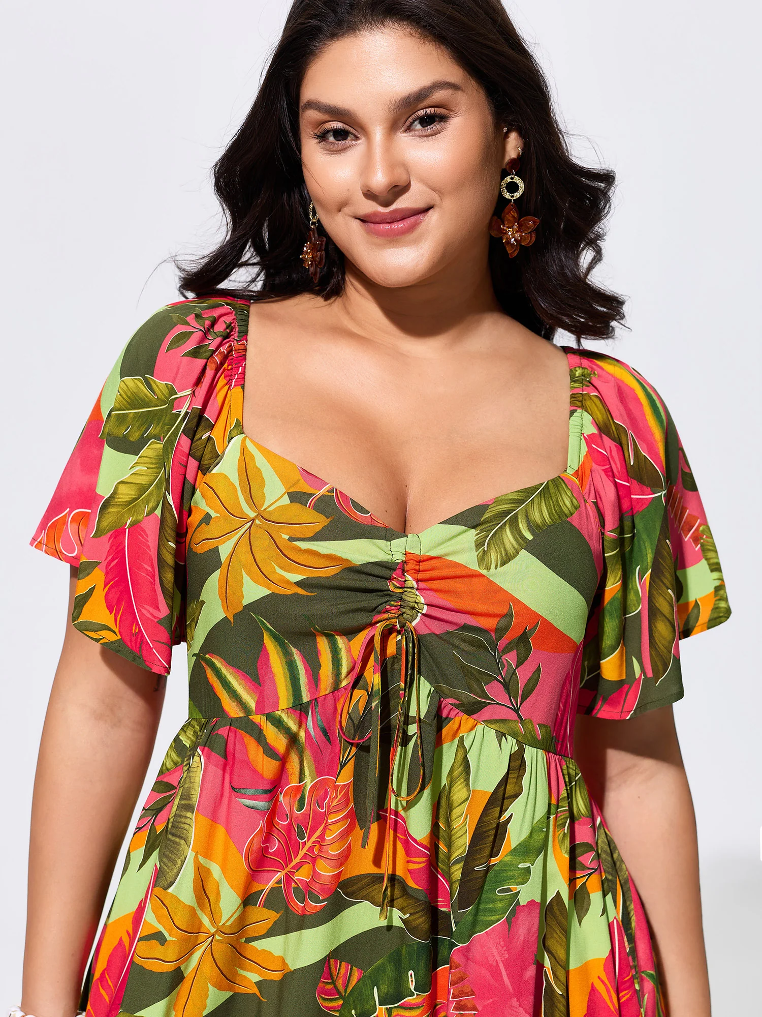 Vibrant Tropical Print Adjustable Chest Drawstring Bust-Friendly Midi Dress