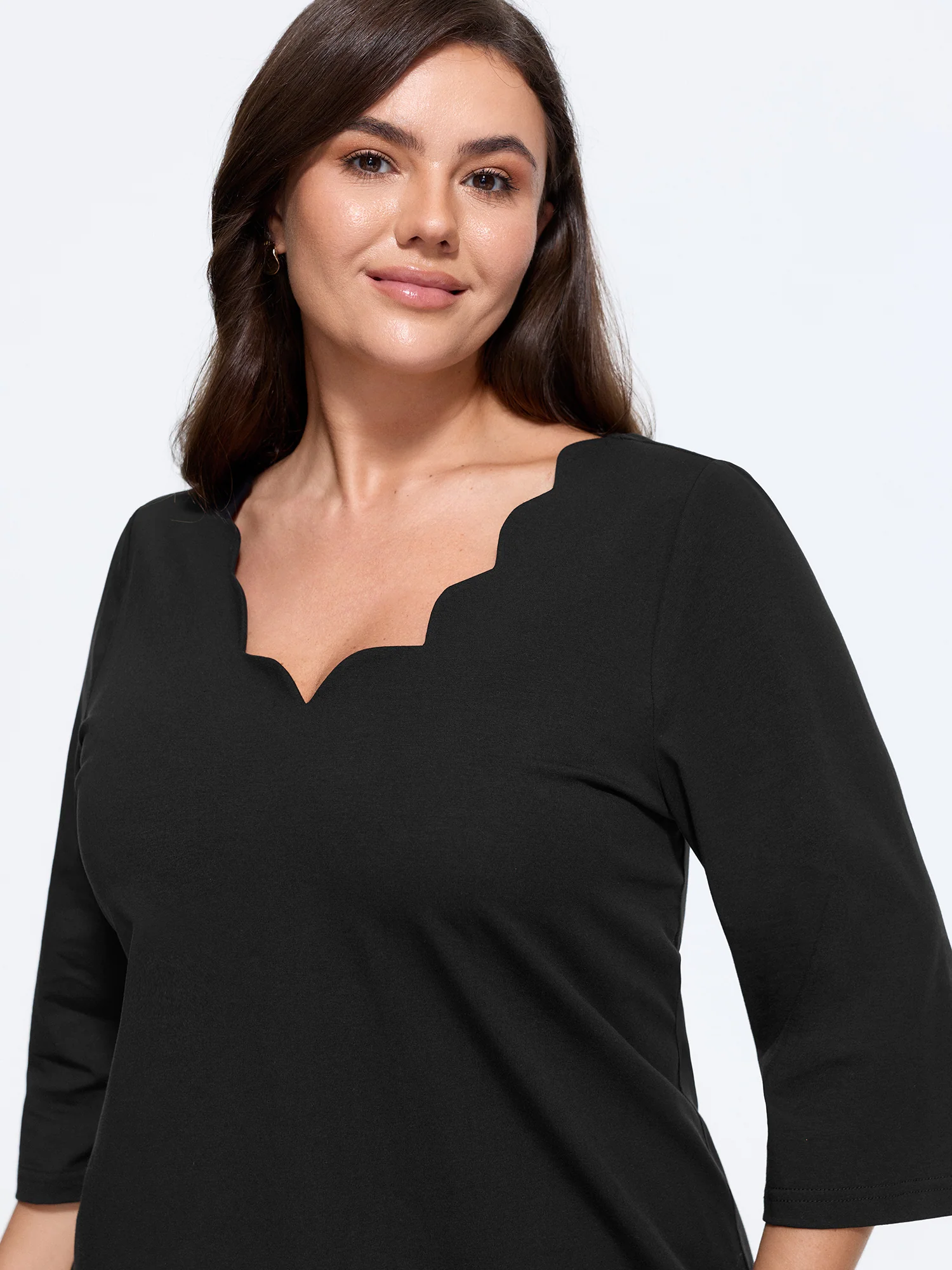 Cotton Wave V Neck Three Quarter Sleeve Knit T Shirt