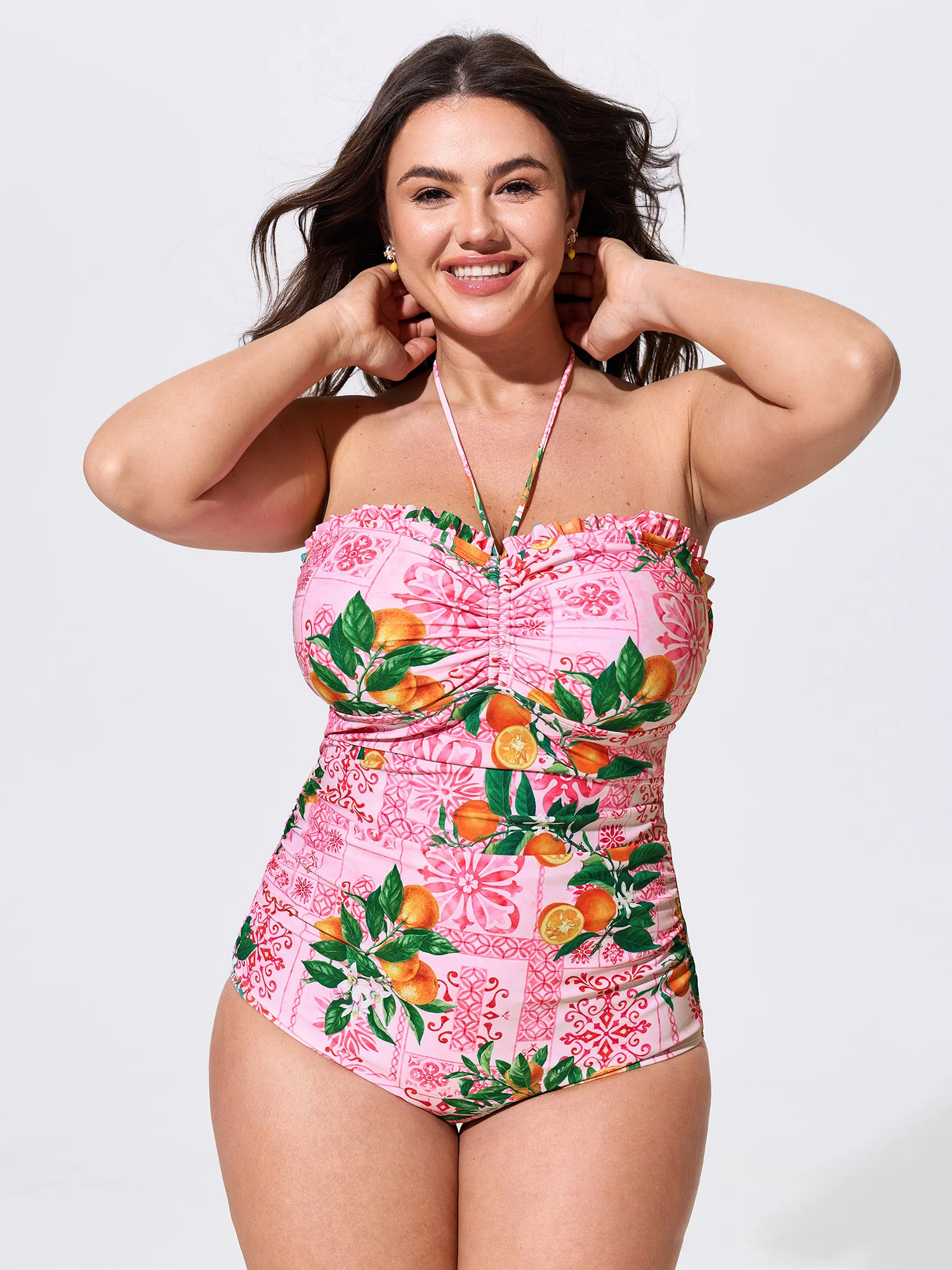 Citrus Tile Print Ruched One-Piece Swim