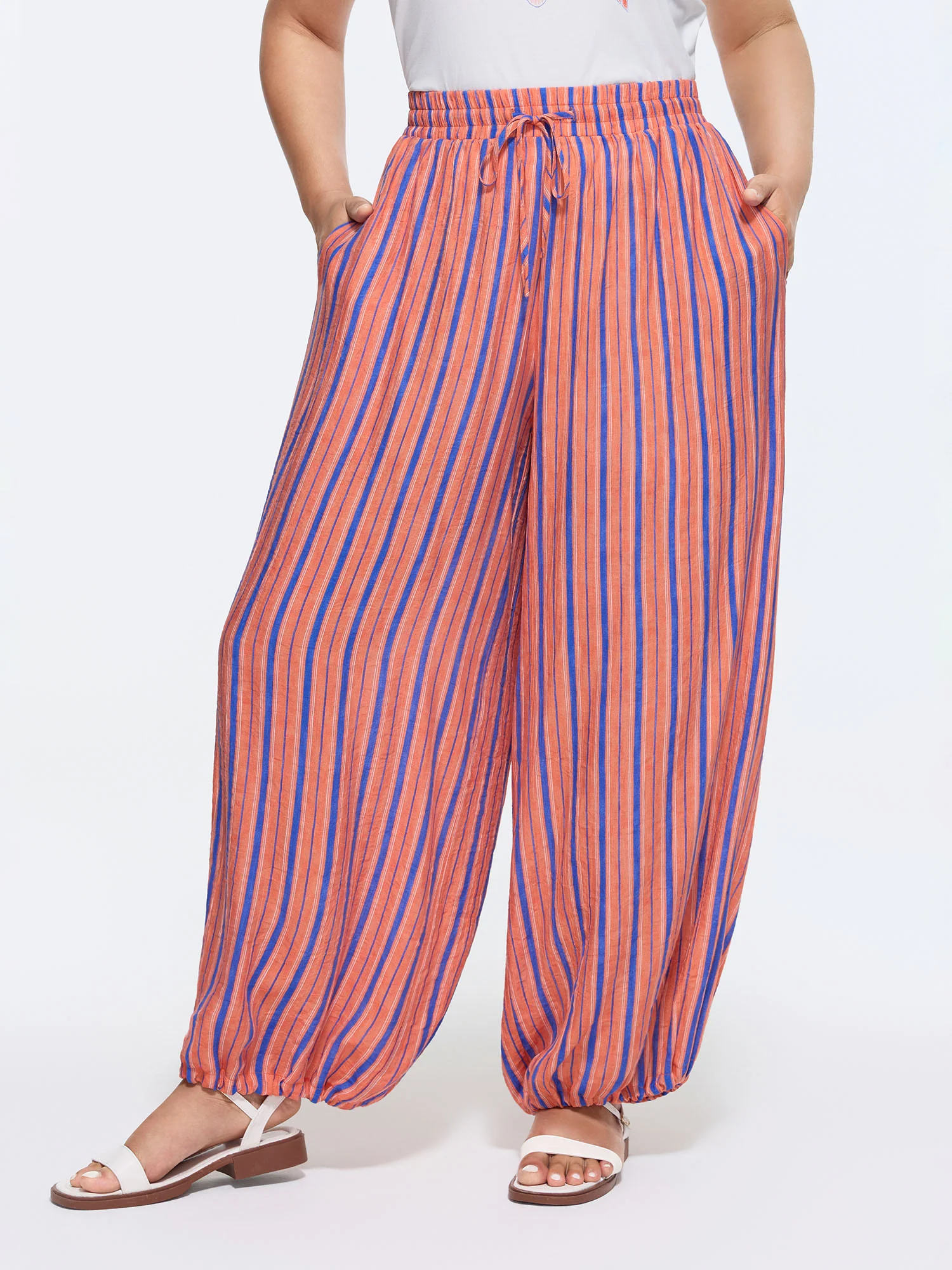 Striped Print Cuffed Hem Drawstring Pants