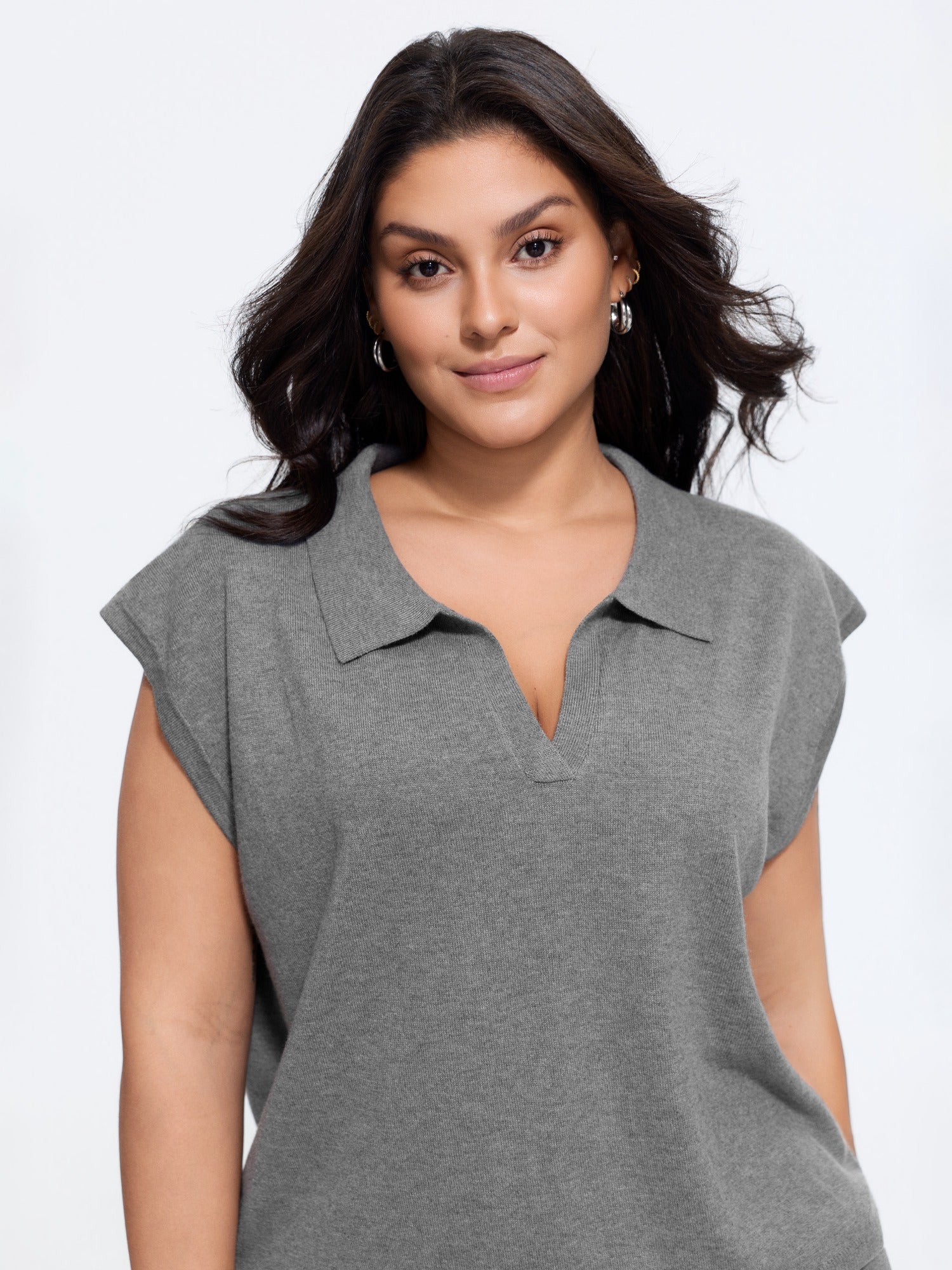Heather Split Polo Collar Loose Sweater Vest