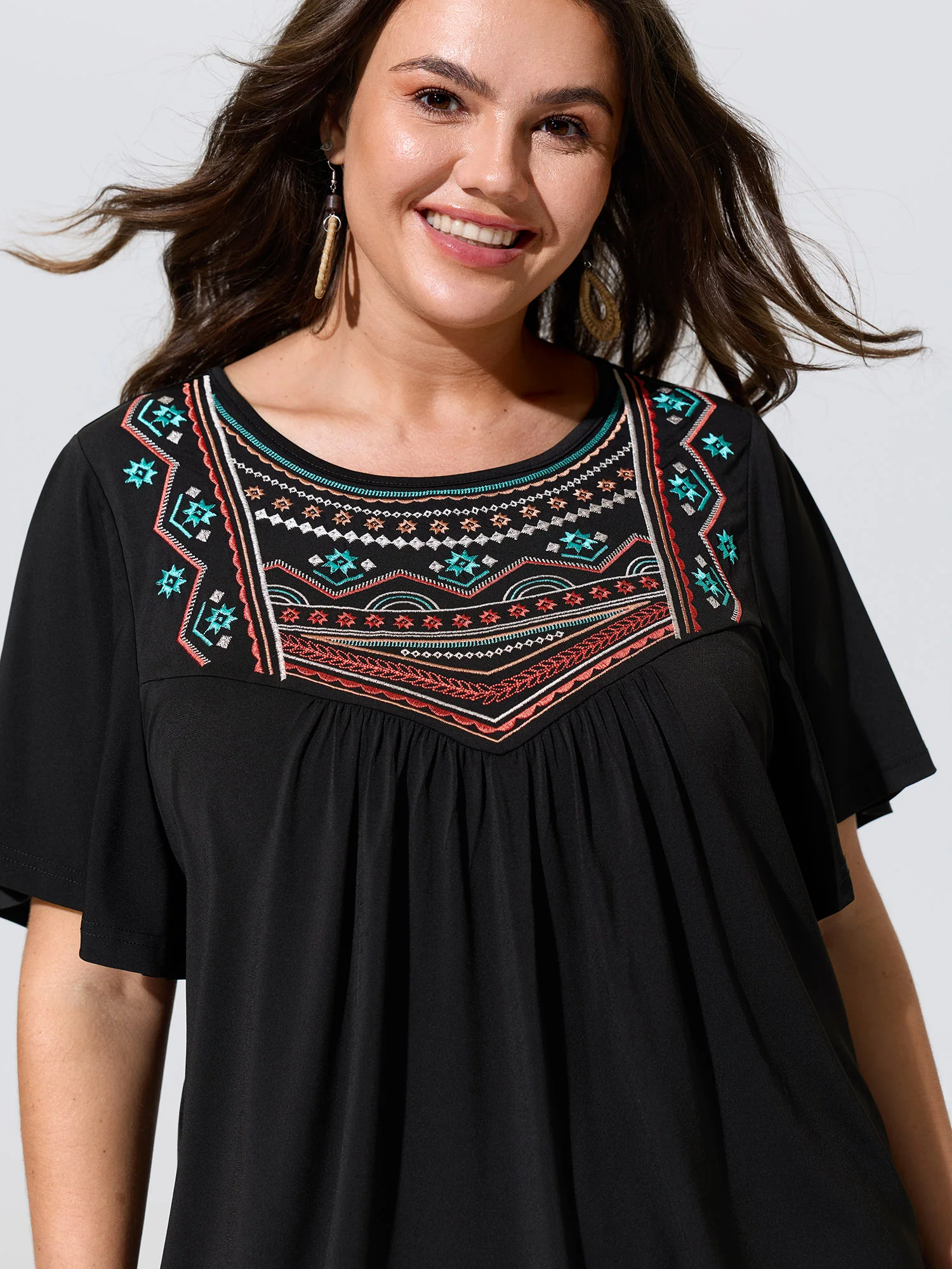 Stretchy Embroidered Neckline Jersey Top