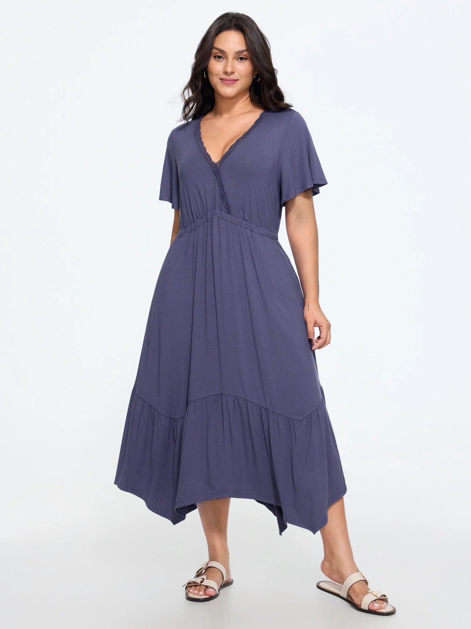 Supersoft Lace Trim Tiered Midi Dress