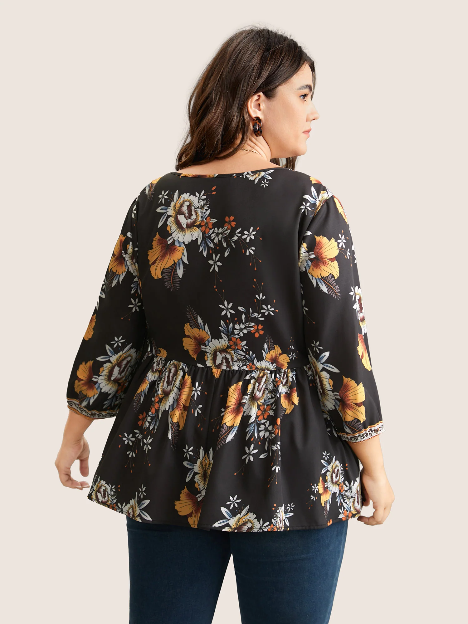 Boho Print V Neck Button Detail Gathered Blouse