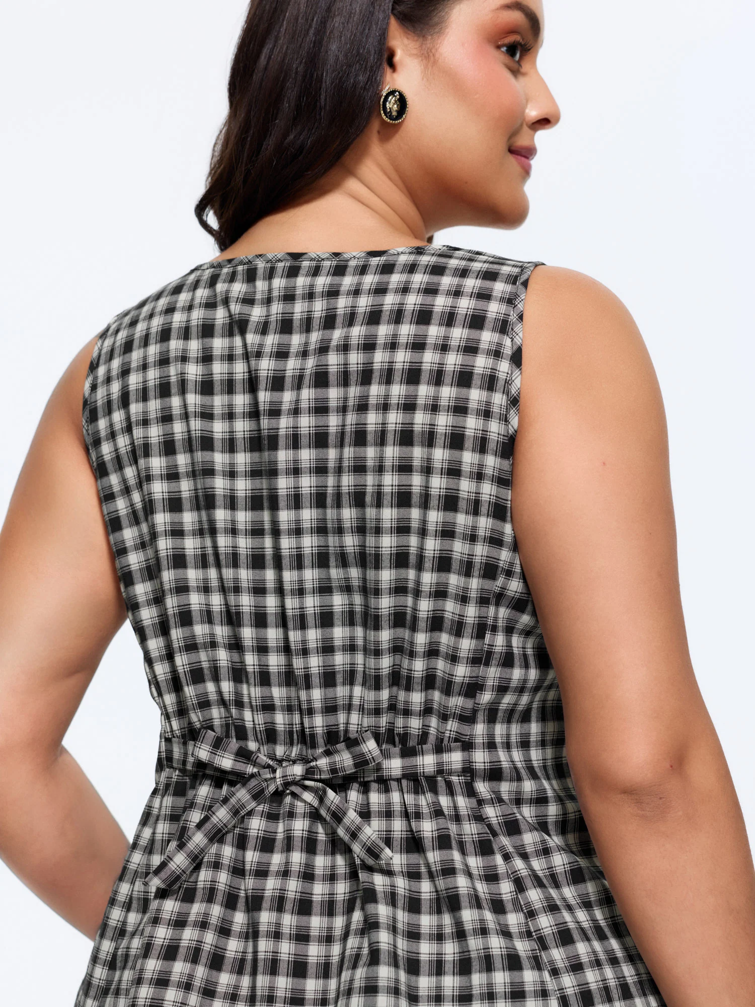 Check Print Waist-Tie Button Tank Top