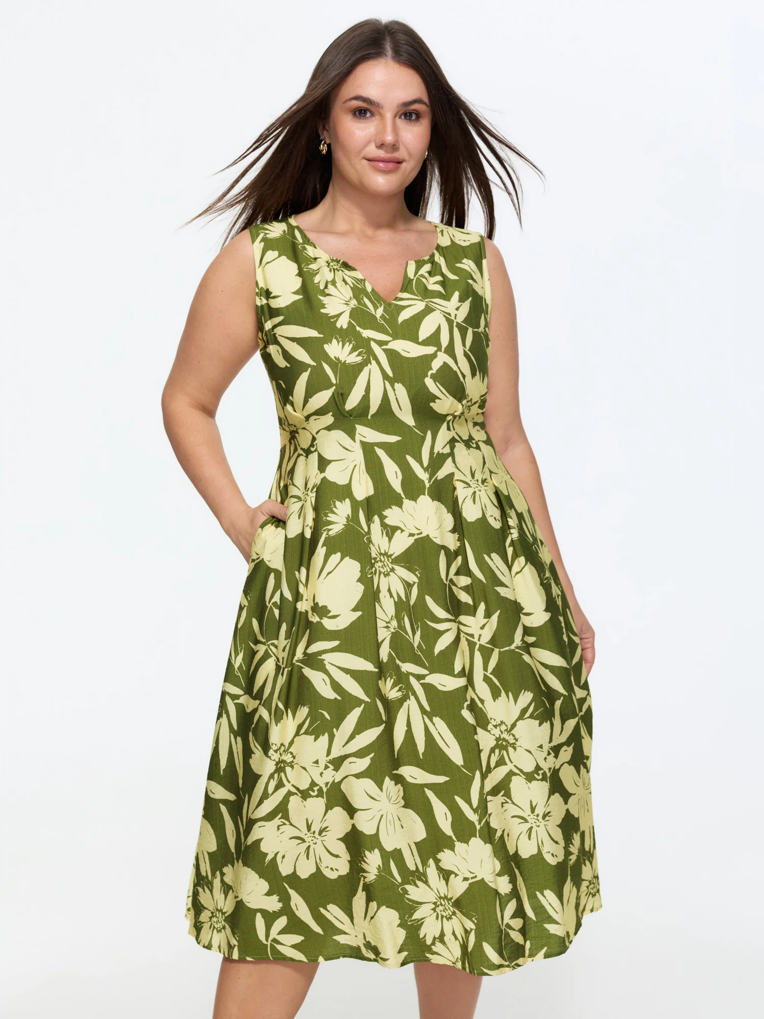 Tropical Print Cinched-Waist Sleeveless Mini Dress
