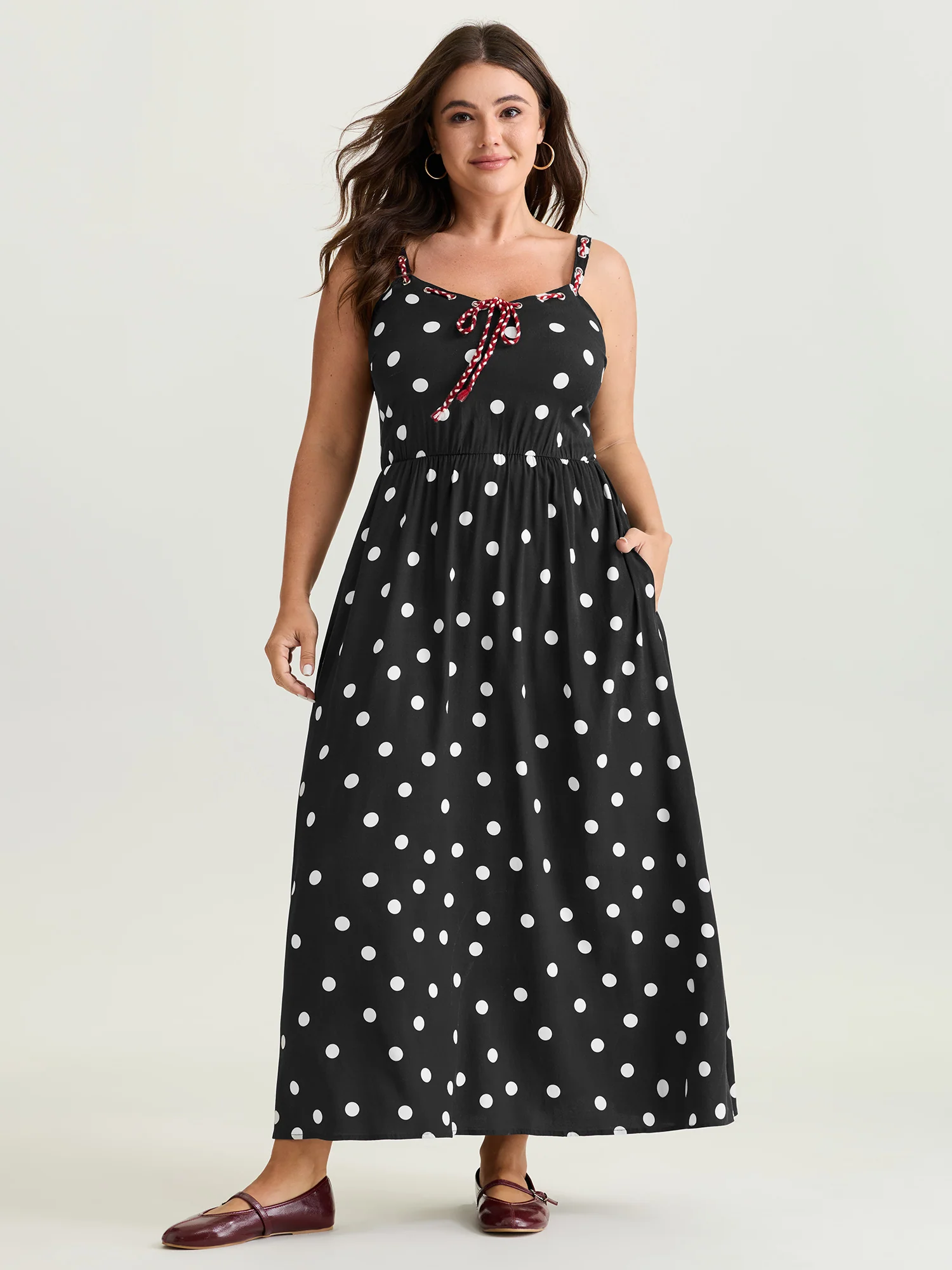 Polka Dots Color Contrast Tie Maxi Dress