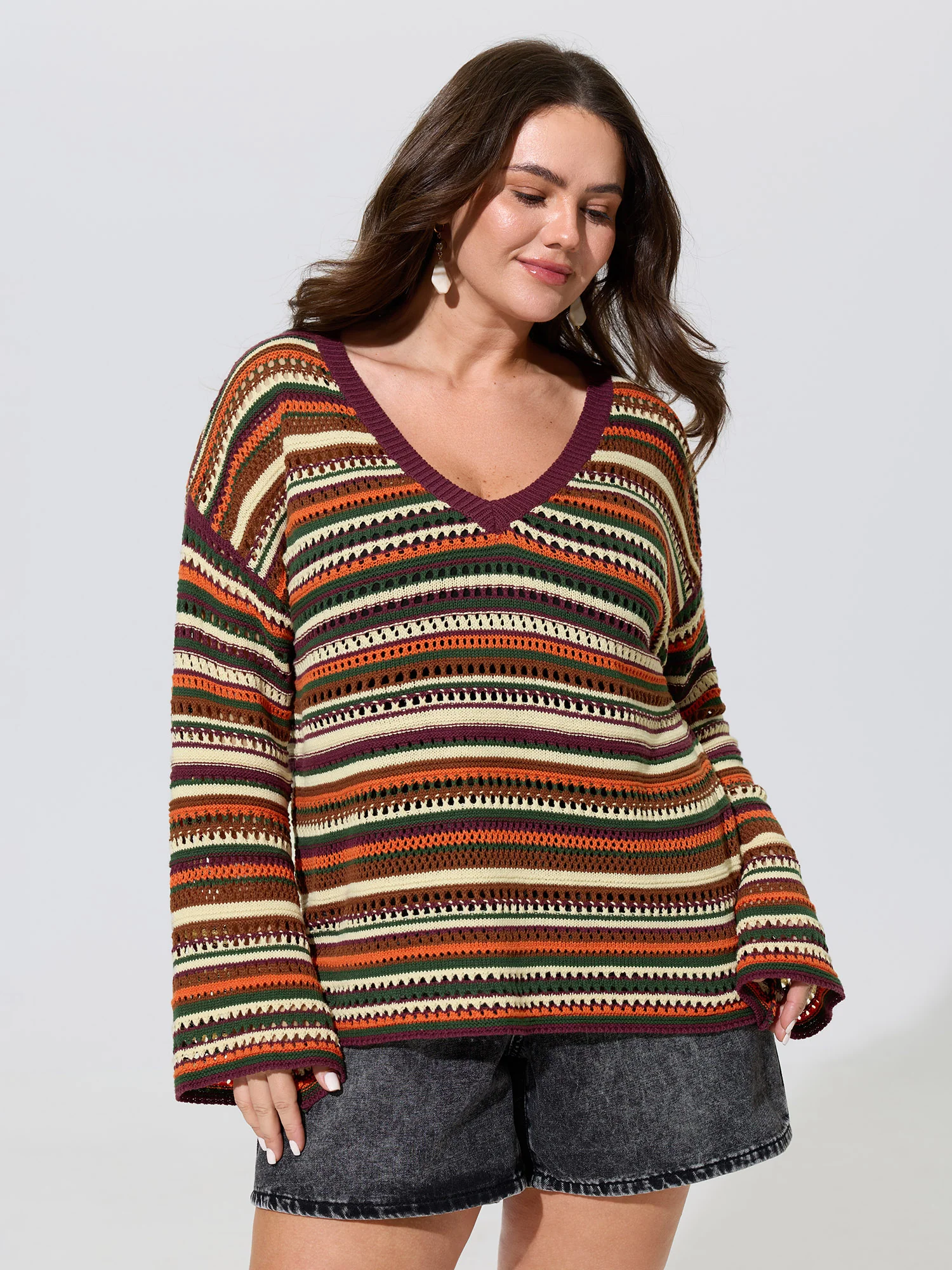 Multi-Color Stripe Hollow V-Neck Pullover