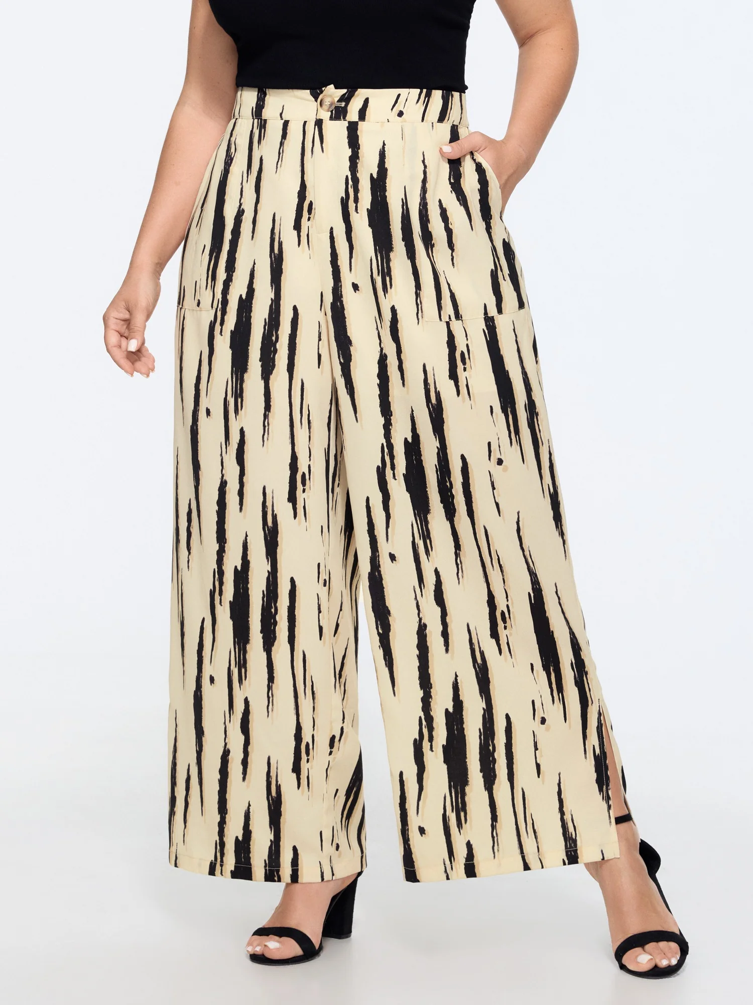 Abstract Print Side Slit Wide Leg Pants