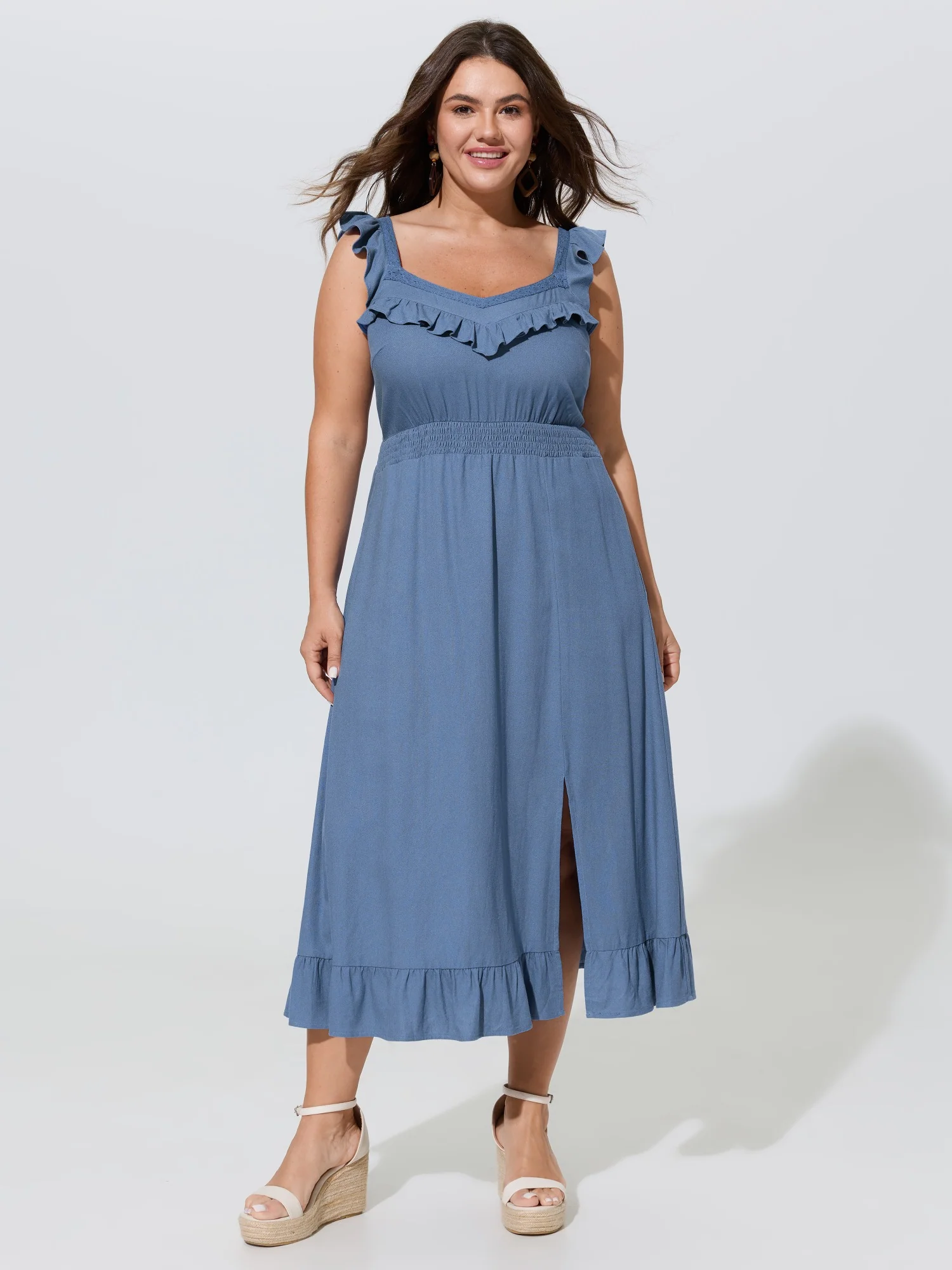 Linen Blend Ruffled Lace Neckline Sleeveless Midi Dress