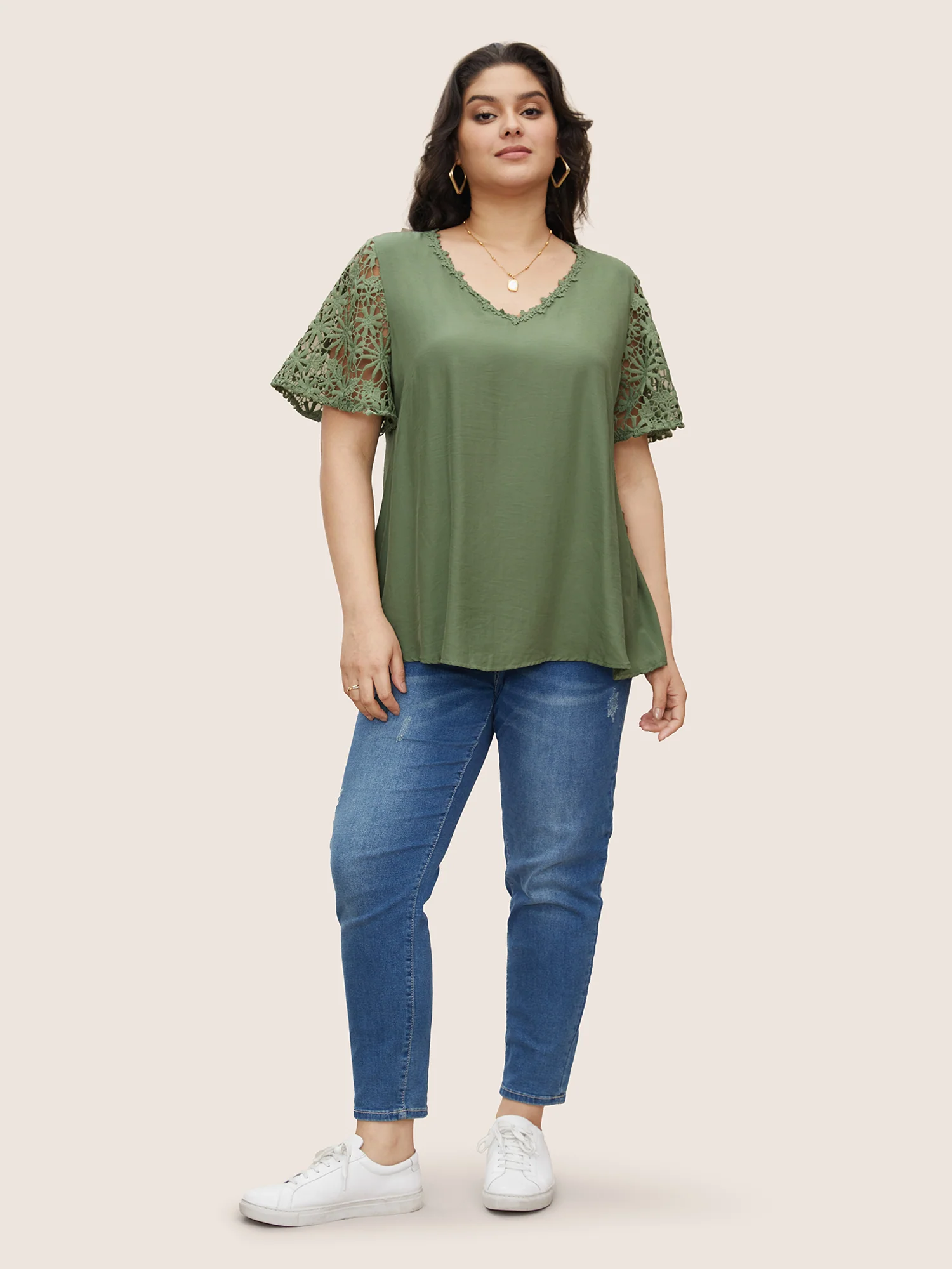 Plain V Neck Floral Patchwork Blouse