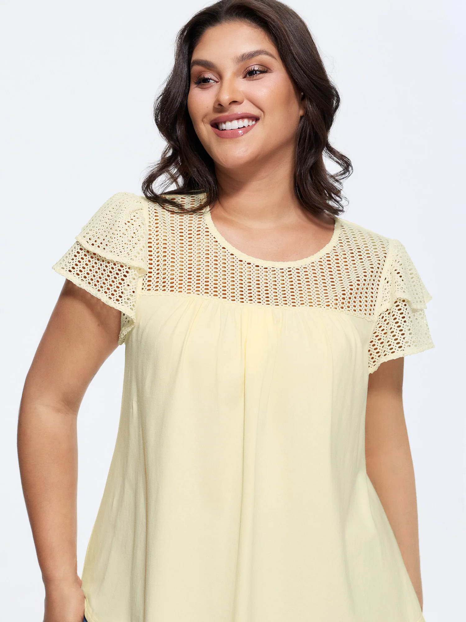 Cotton Sheer Hollowed-Out Ruffled Sleeve Knit Top