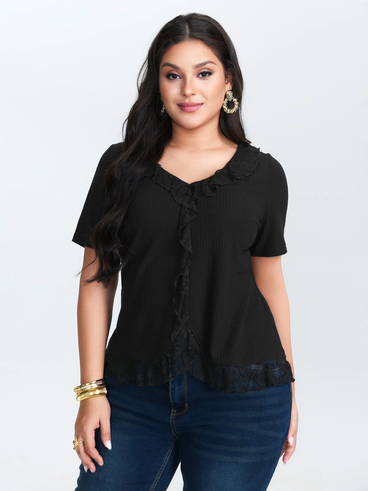Ruffled Lace Textured Curvy Hem Jersey Top