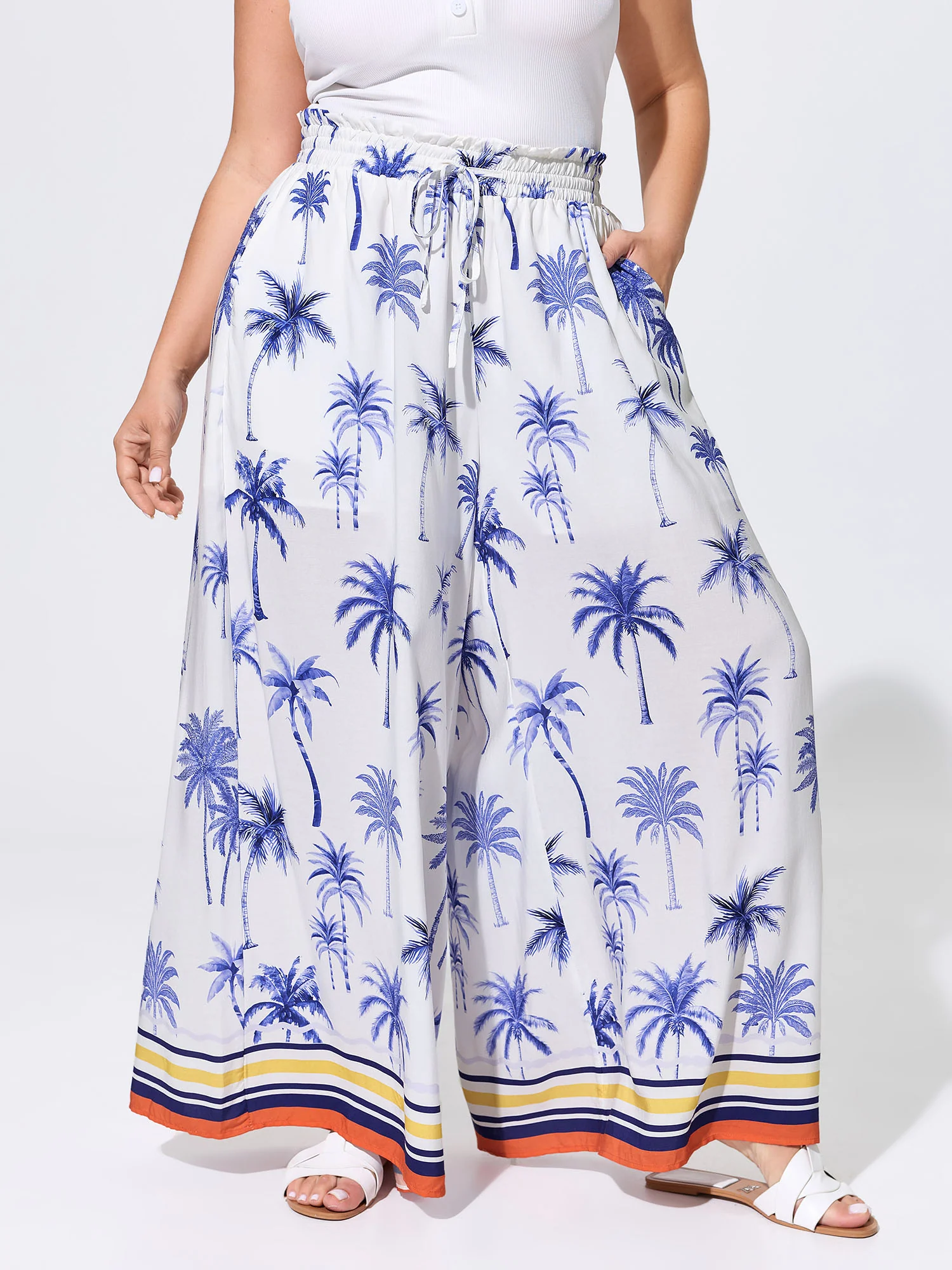 Palm Tree Print Wide Shirred Waistband Pants