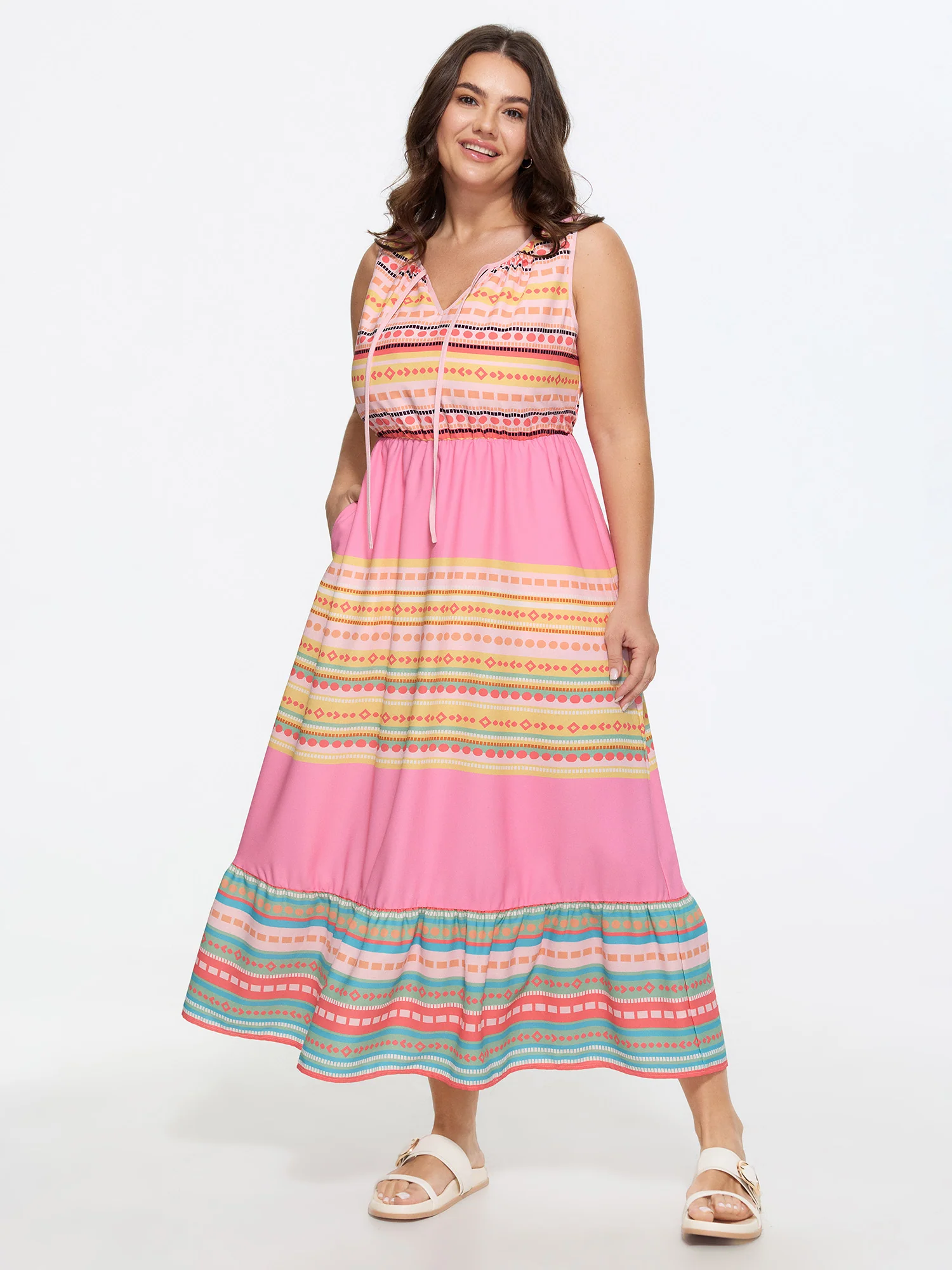 Colorful Striped Print Drawstring Neckline Maxi Dress