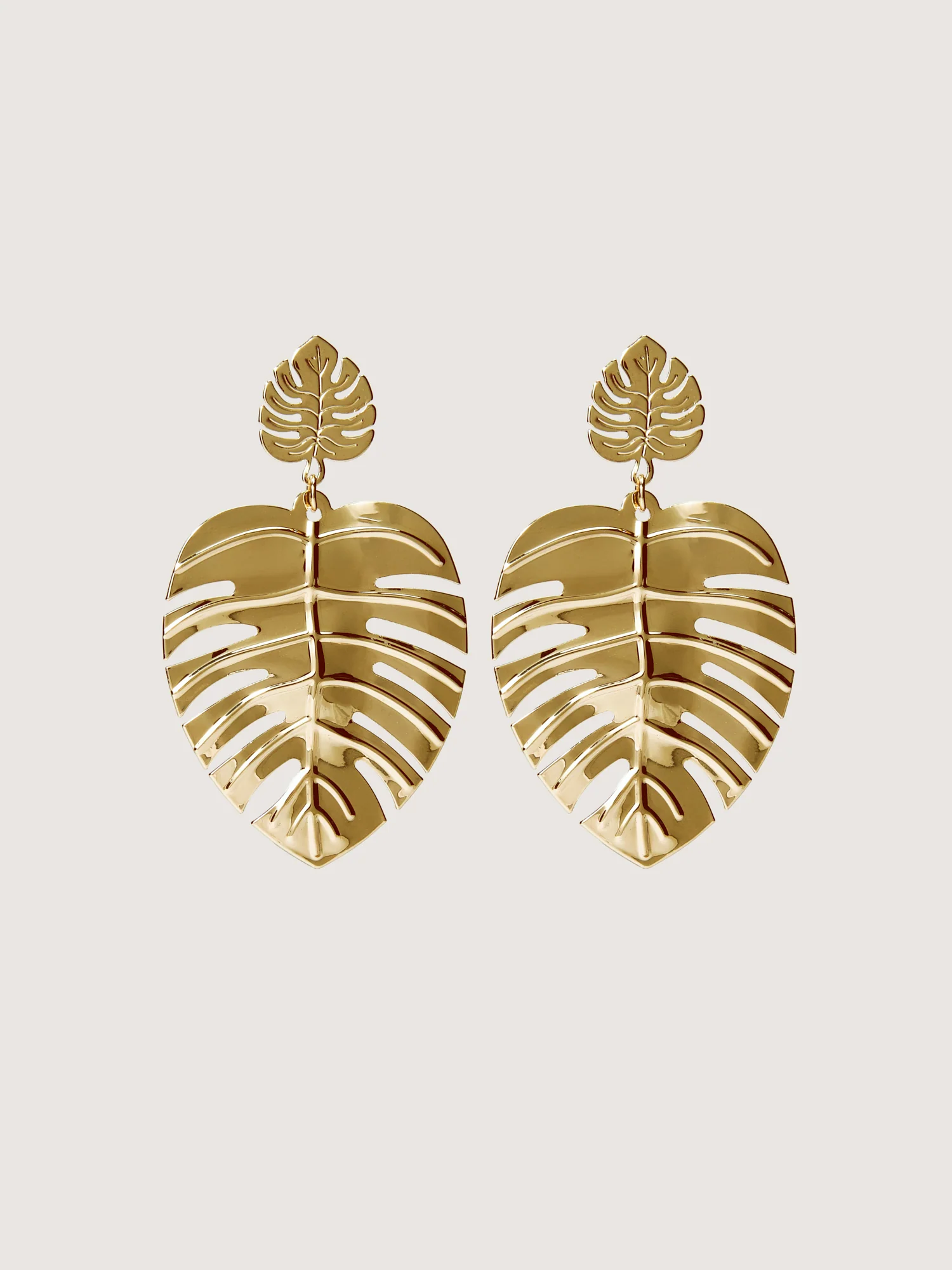 Tropical Leaf Gold Tone Drop Earrings