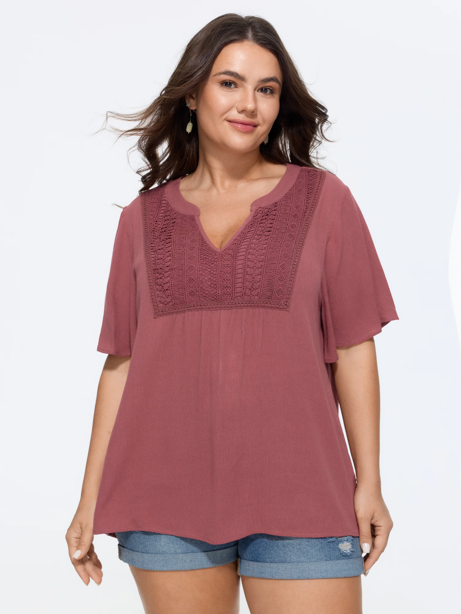 Geometric Hollow Embroidery Ruffle Sleeve Blouse