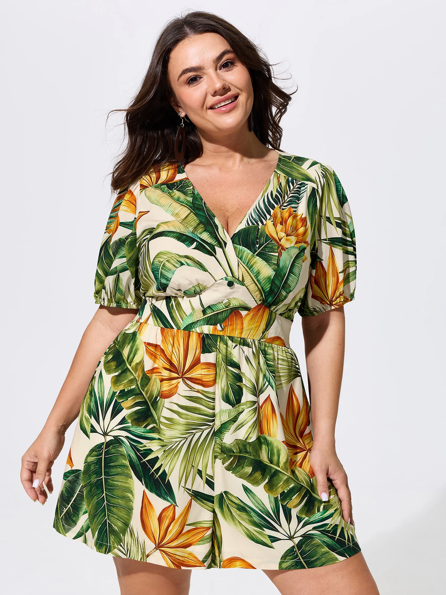 Tropical Print Shirred Wide-Leg Romper