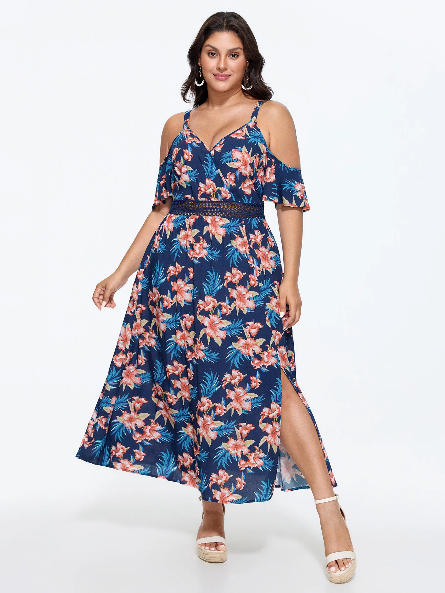 Floral Print Shirred Hollowed-Out Midi Dress