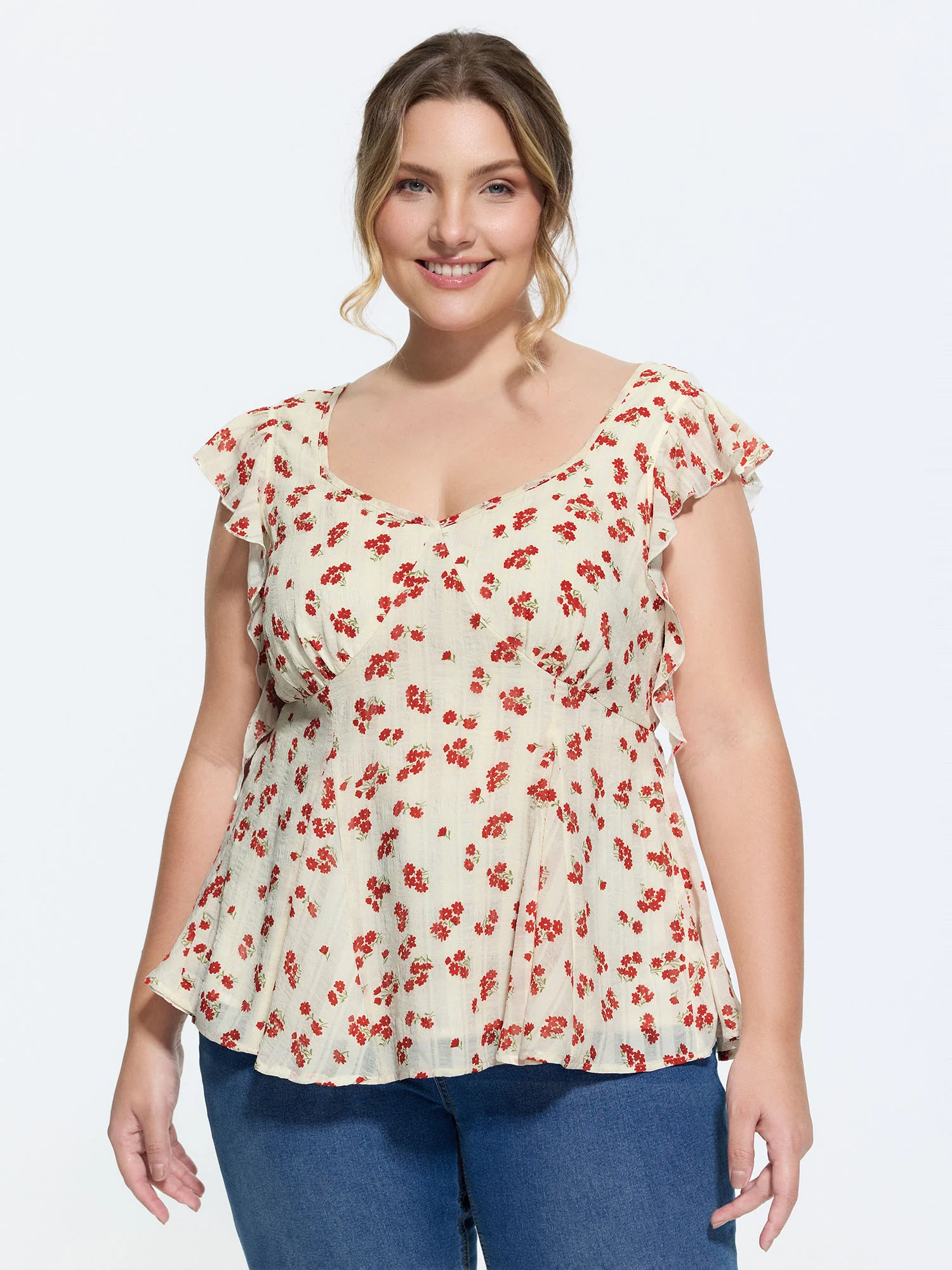 Floral Print Shirred Ruffled Sleeve Tank Top