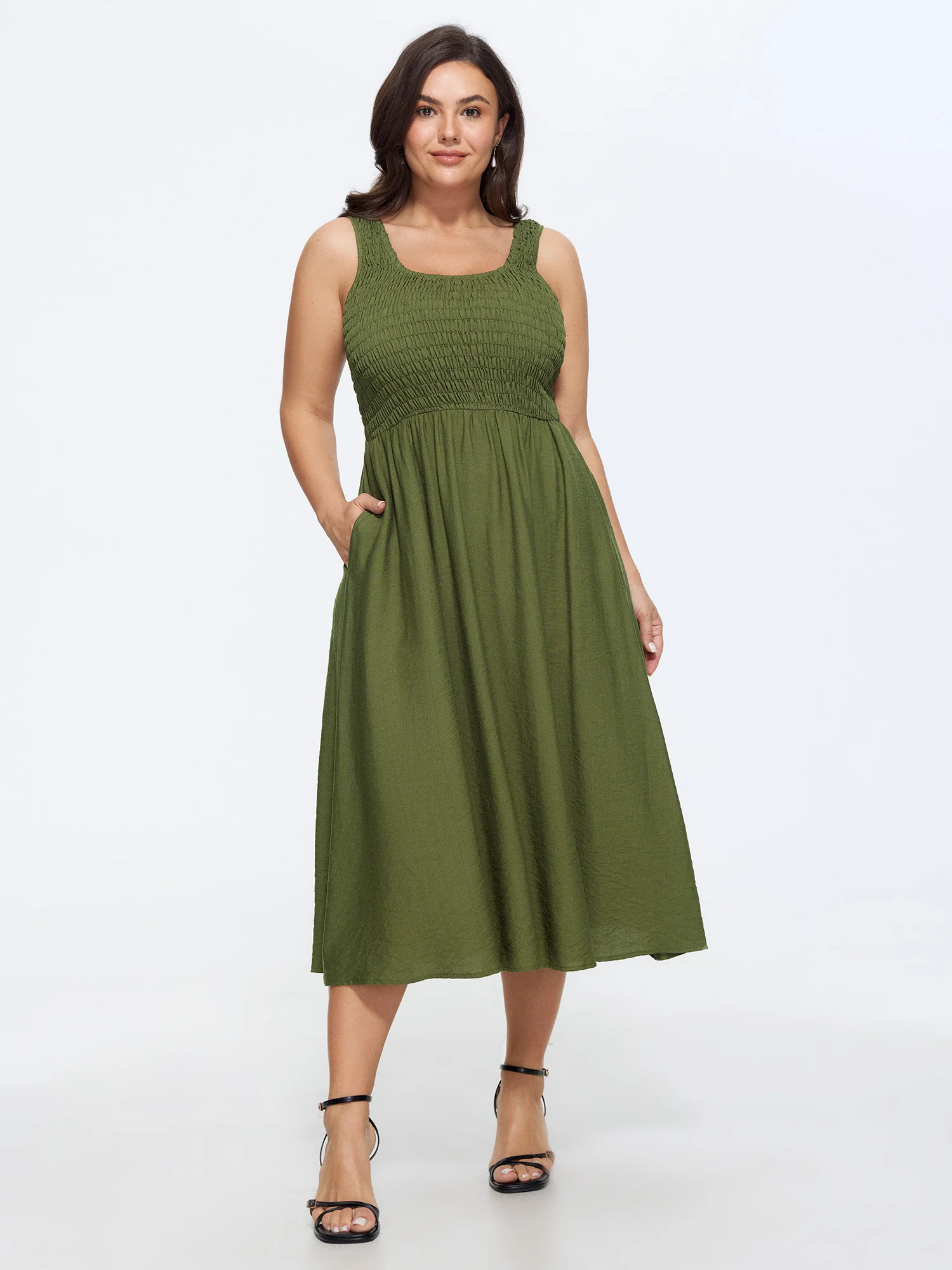 Shirred Round Neck Pockets Midi Dress
