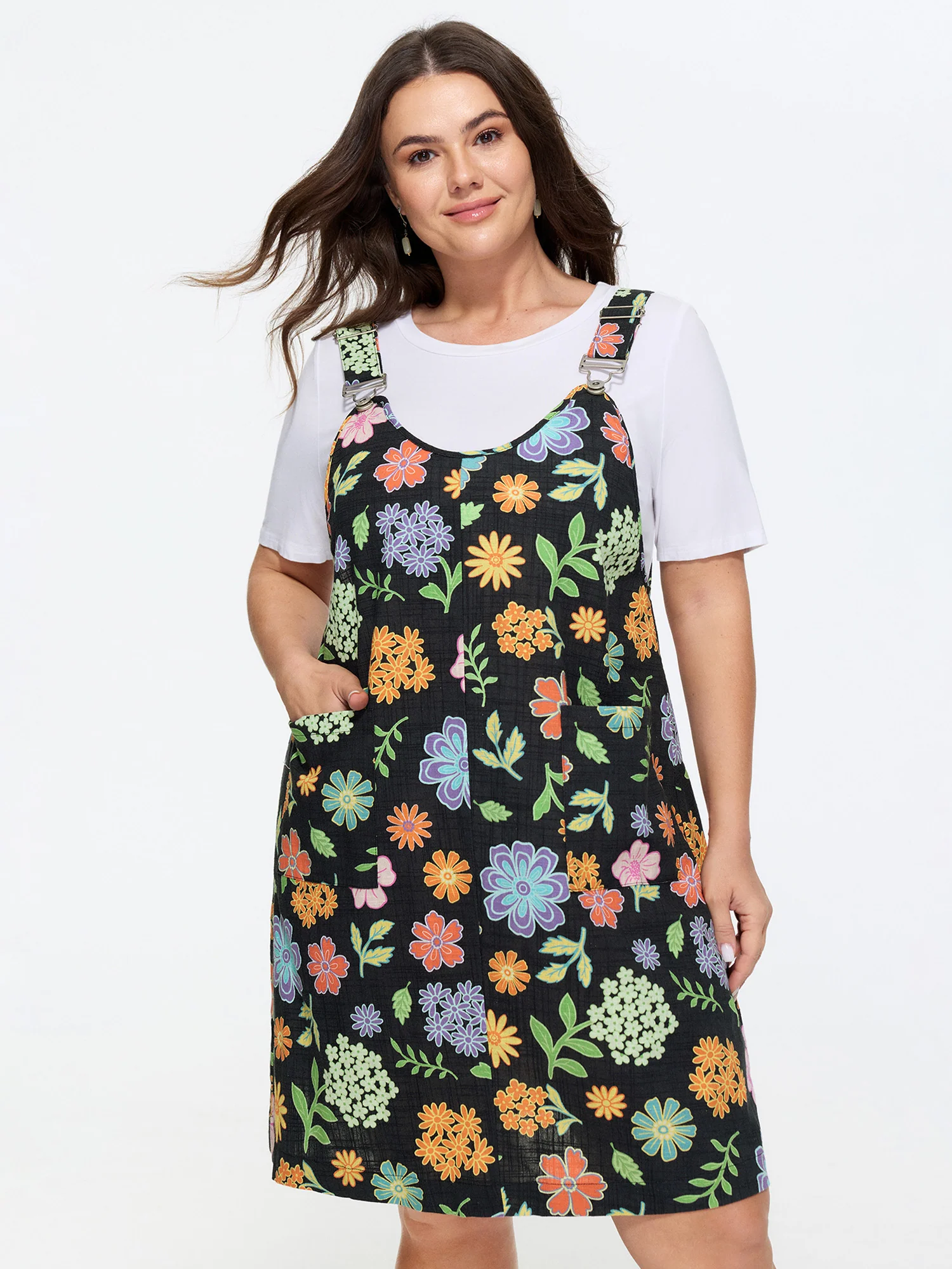 Floral Print Overall Straps Mini Dress