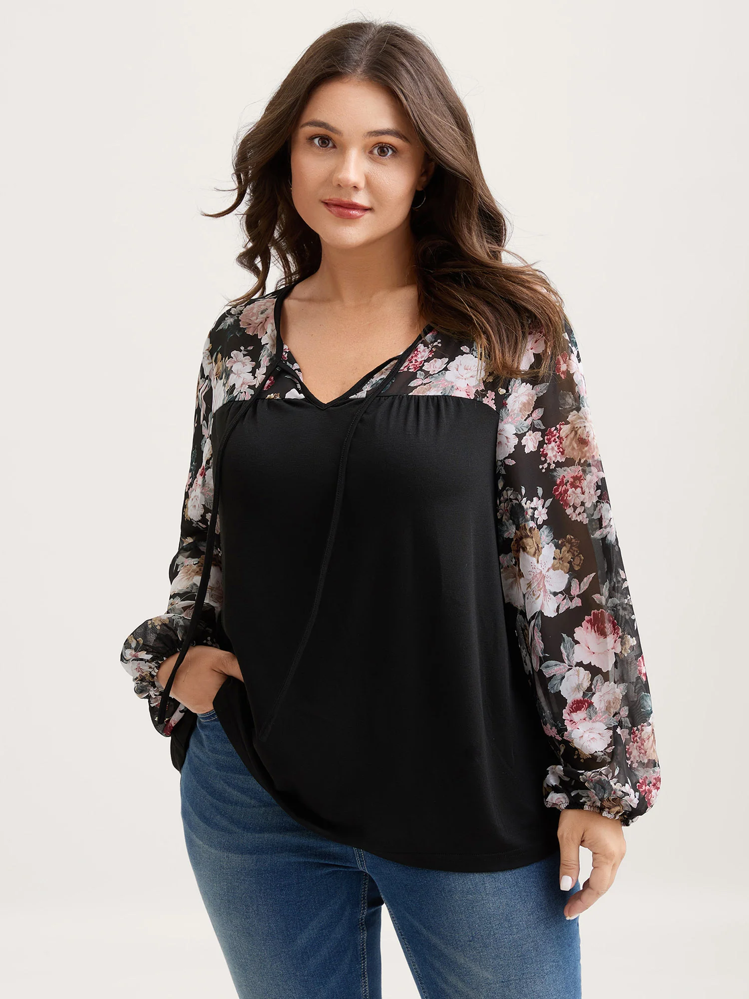 Sheer Floral Print Neck-Tie T-Shirt