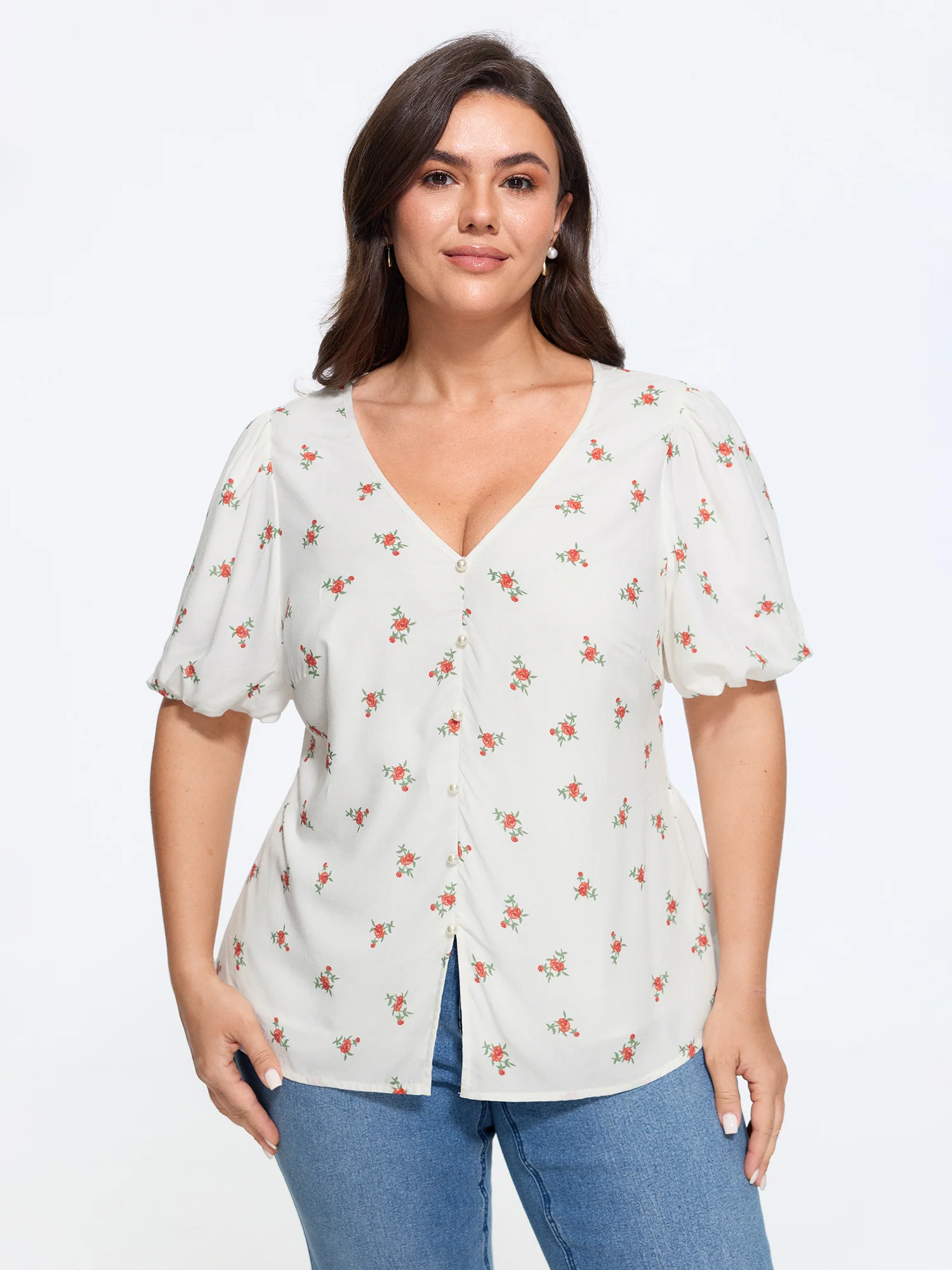 Ditsy Floral Pearl Shirred Waist Blouse