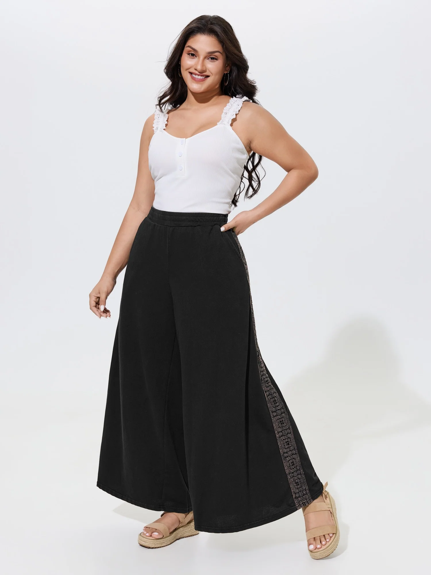 Boho Geometric Trim Wide Leg Pants