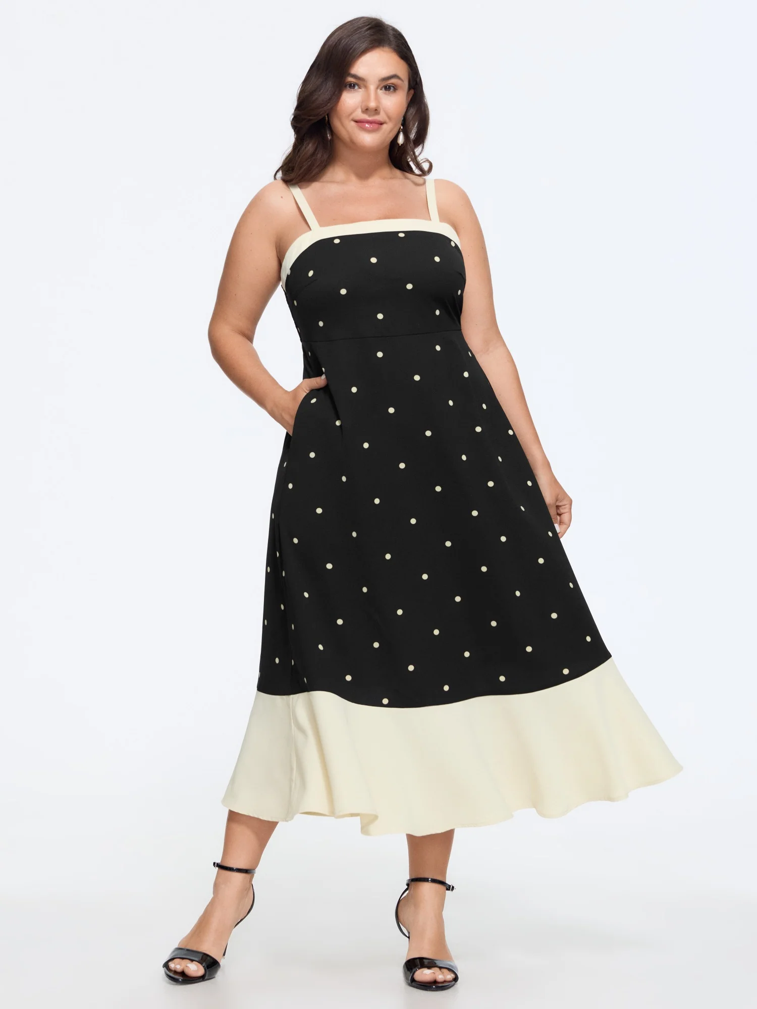 Polka Dot Color Block Hem Shirred Midi Dress