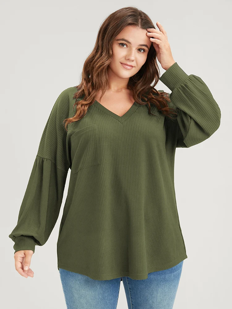 Solid Drop Shoulder Pocket Arc Hem Rib Knit Sweatshirt