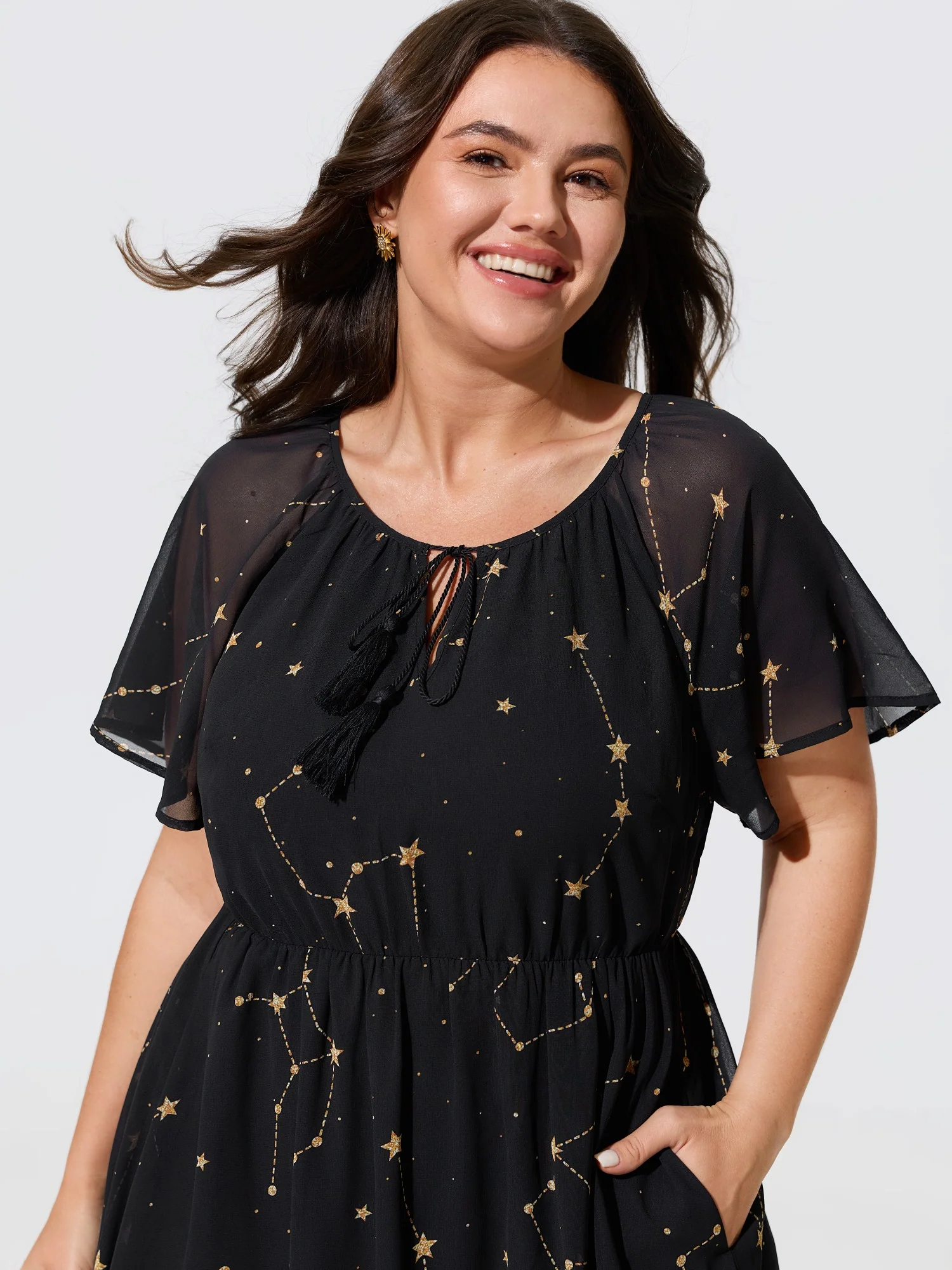 Constellation Print Tassel Tie Neck Maxi Dress