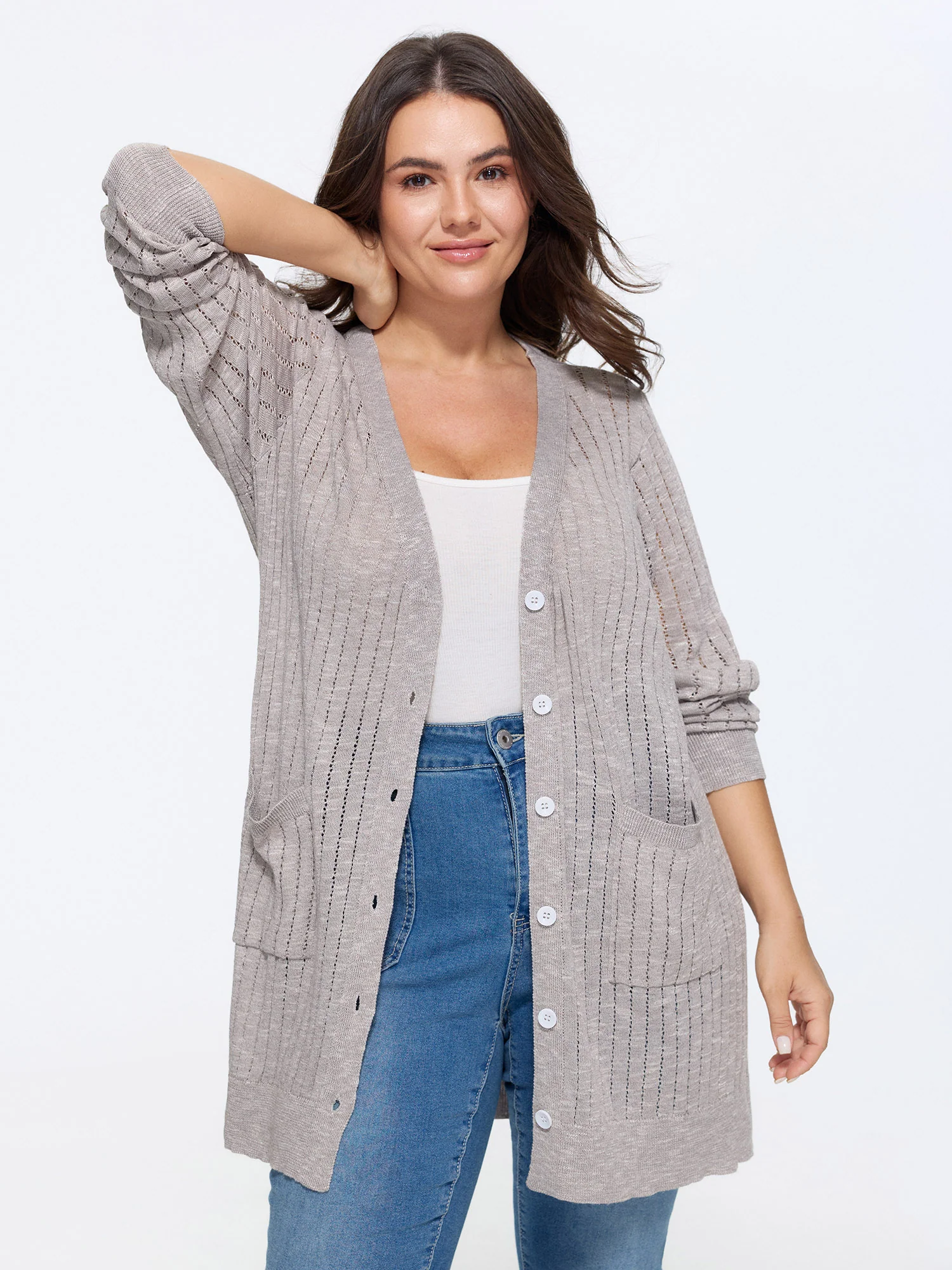 Heather Vertical Openwork Lightweight Long Cardigan