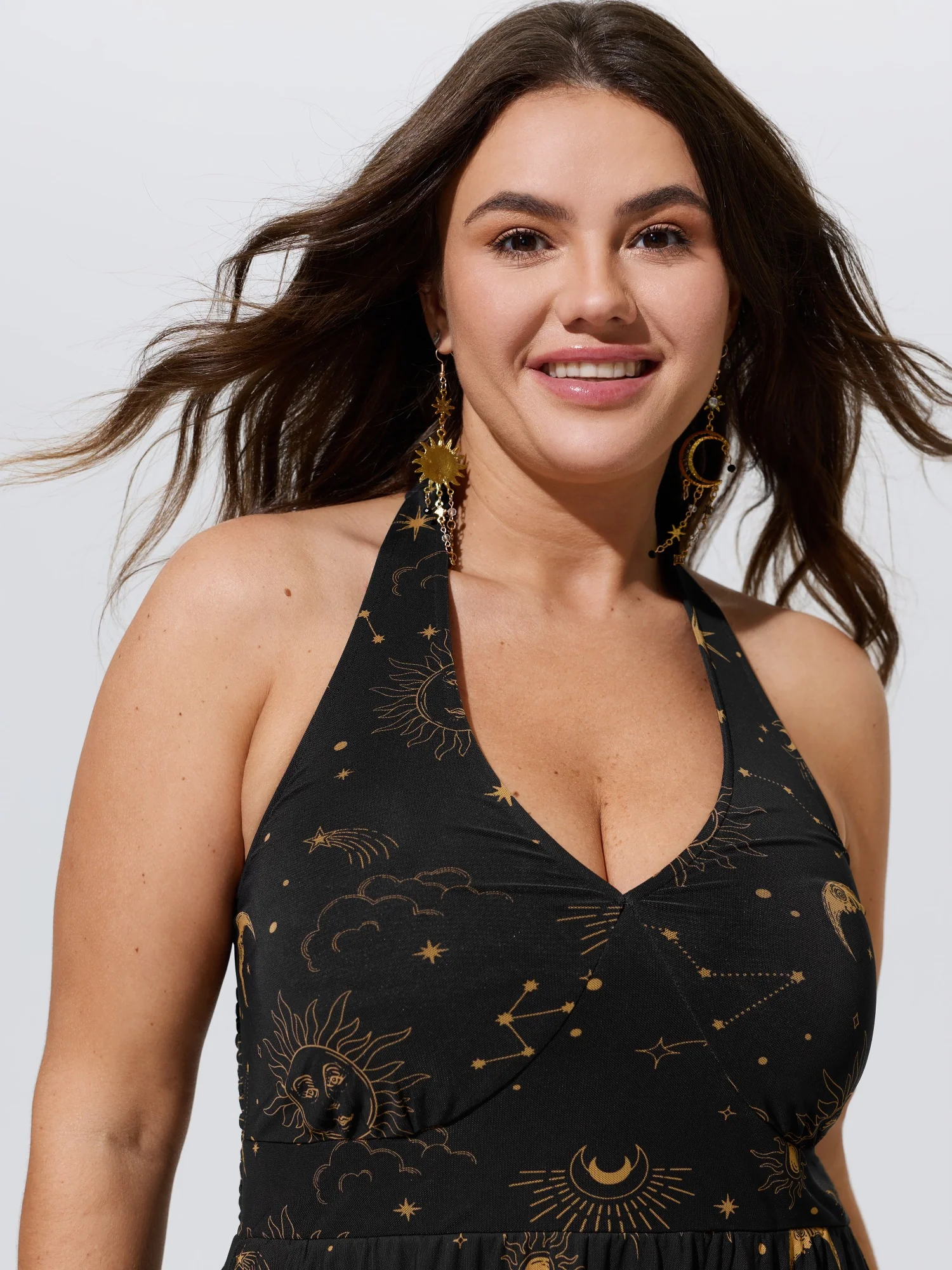 Constellation Print Halter Neck Mesh Midi Dress