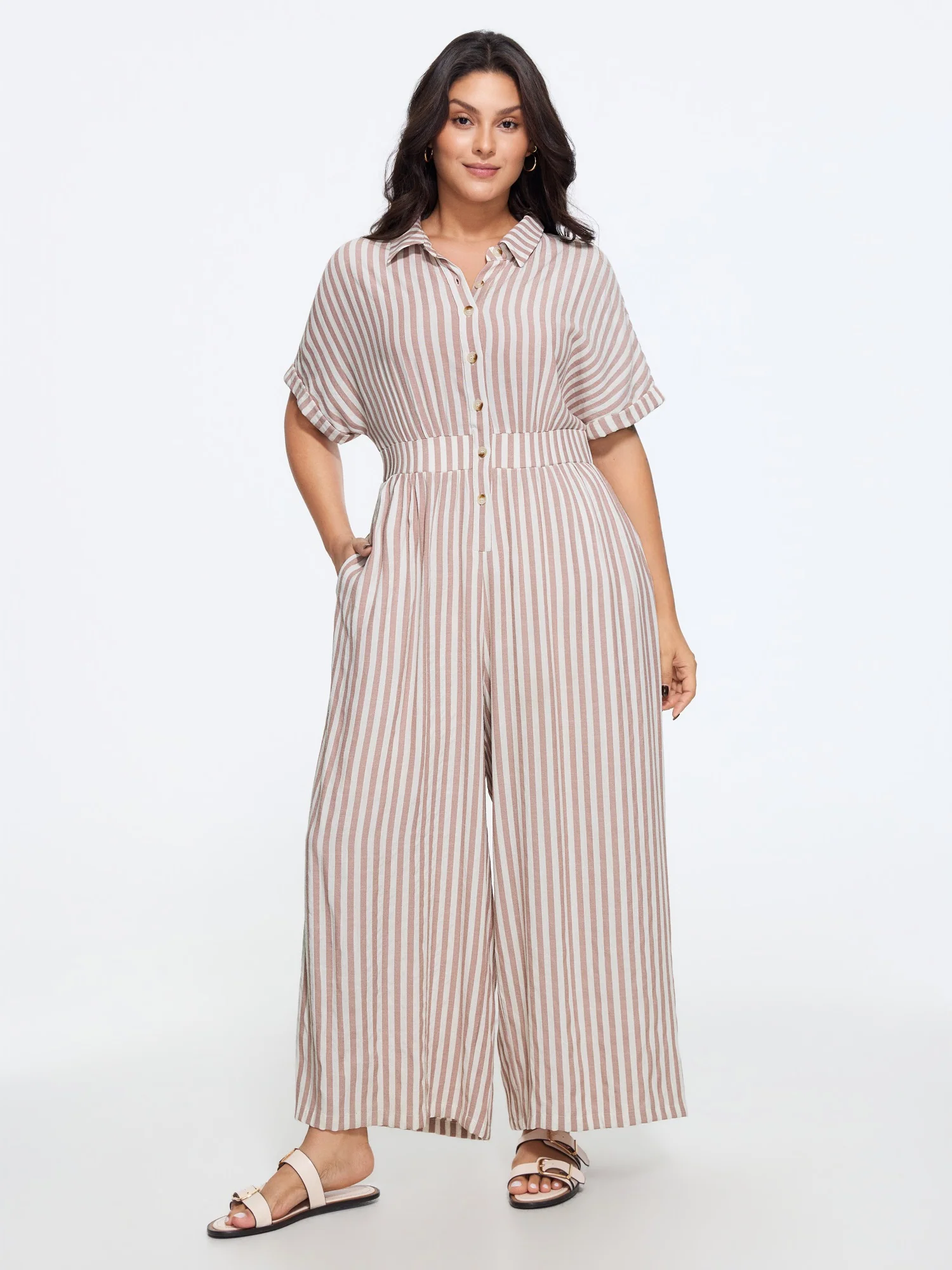 Stripe Print Half Button Cinched Waist Wide Leg Jumpsuit