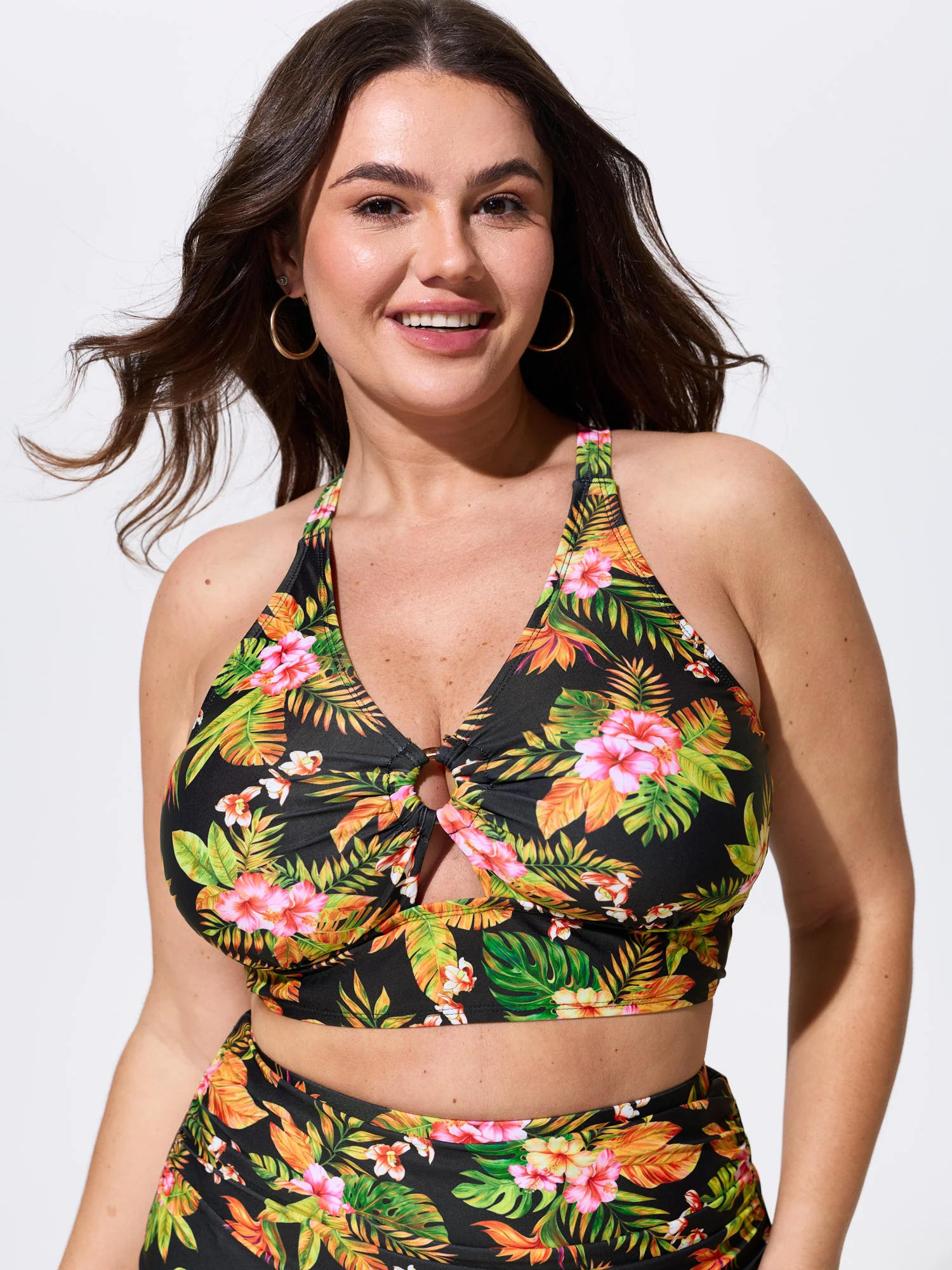 Vibrant Tropical Print V-Neck Swim Top