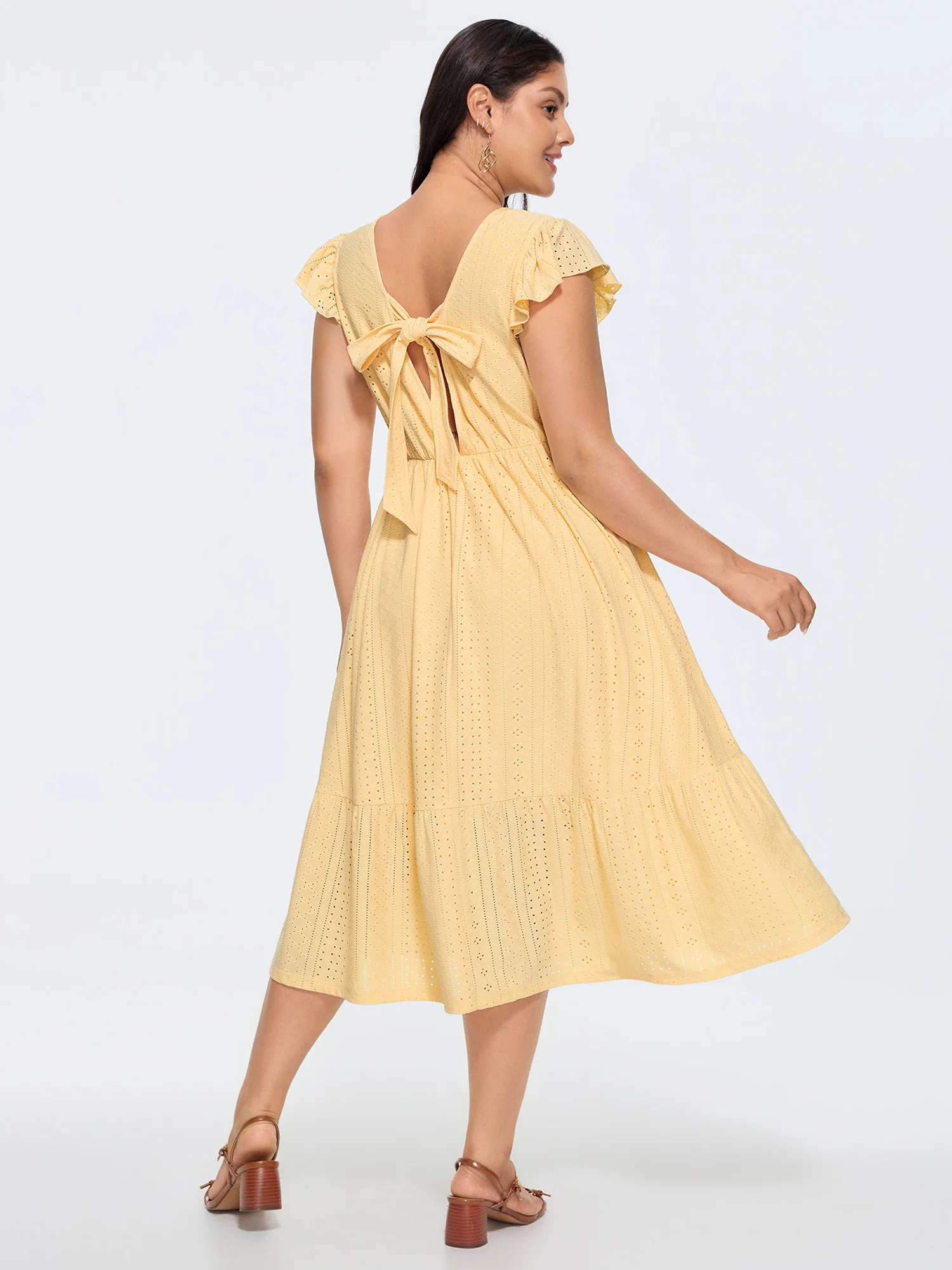 Textured Bow-Back Detail Flowy Midi Dress