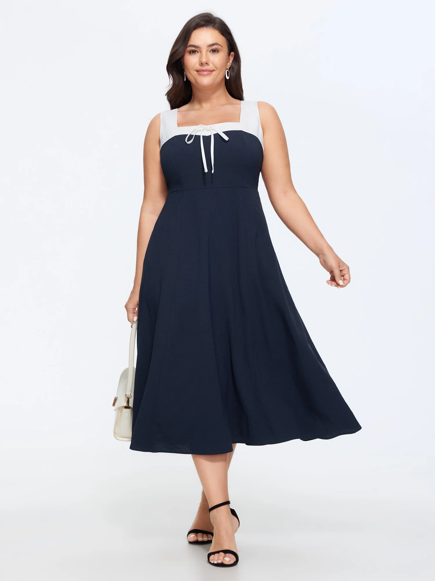 Color Block Square Neck Front Tie Sleeveless Midi Dress
