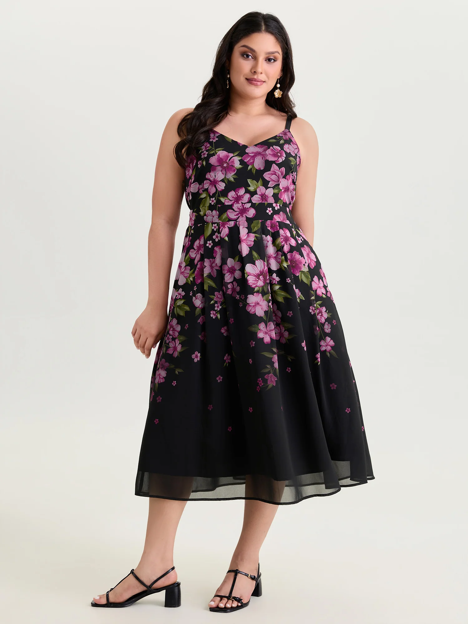 Sweet Floral Print Shirred Cami Midi Dress