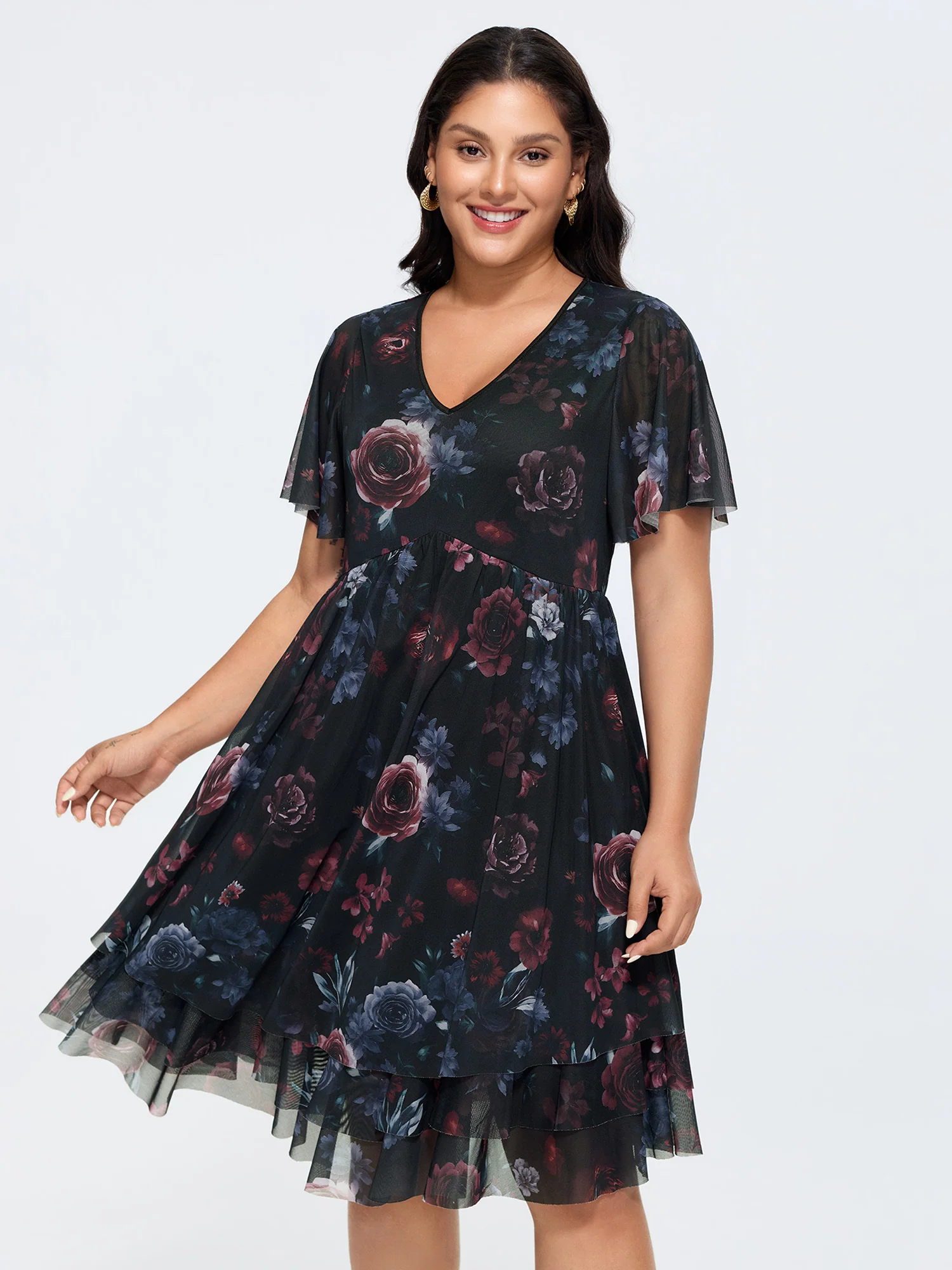 Stretchy Floral Mesh V-Neck Mini Dress