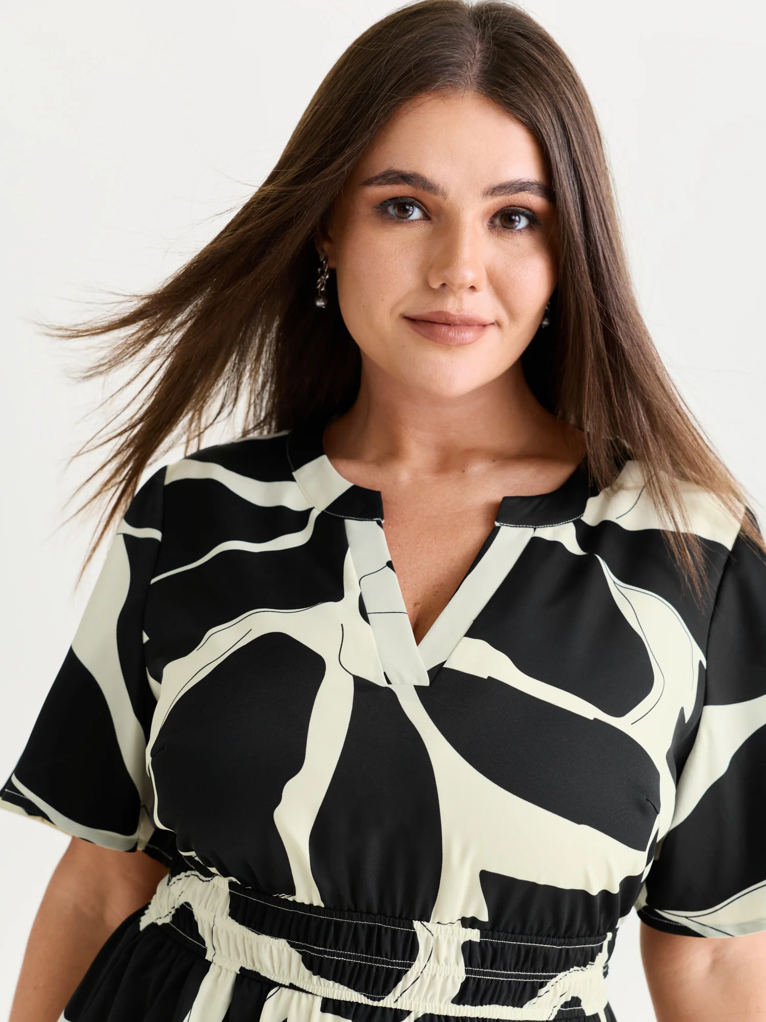 Abstract Print Notched Collar Tiered Midi Dress