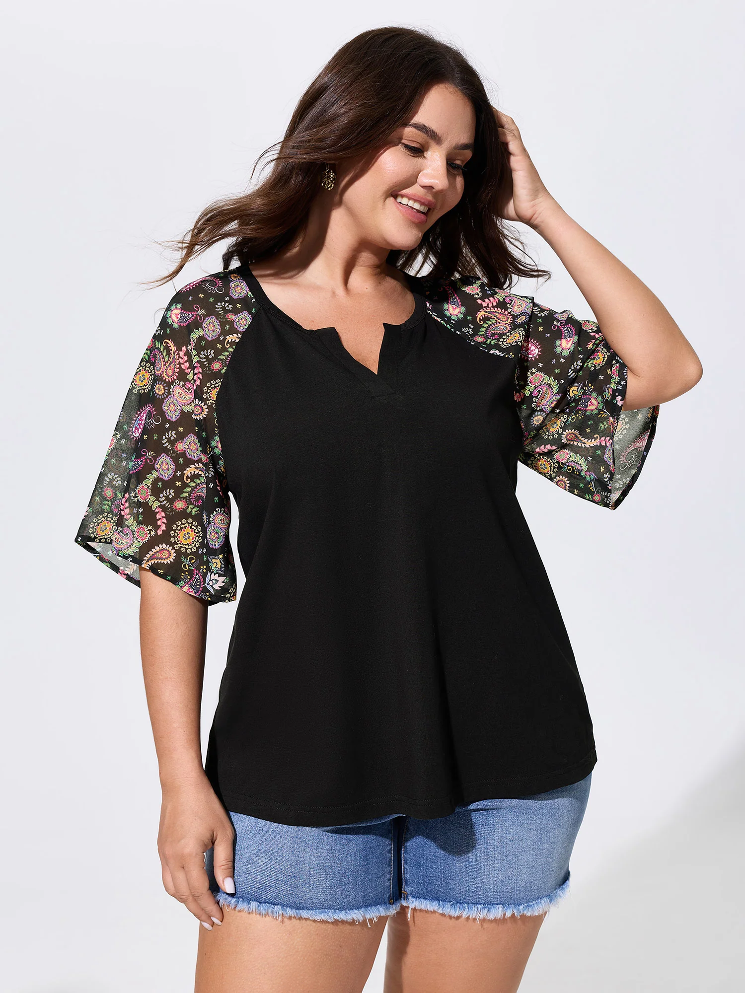 Cotton Floral Print Raglan Sleeve Knit Top