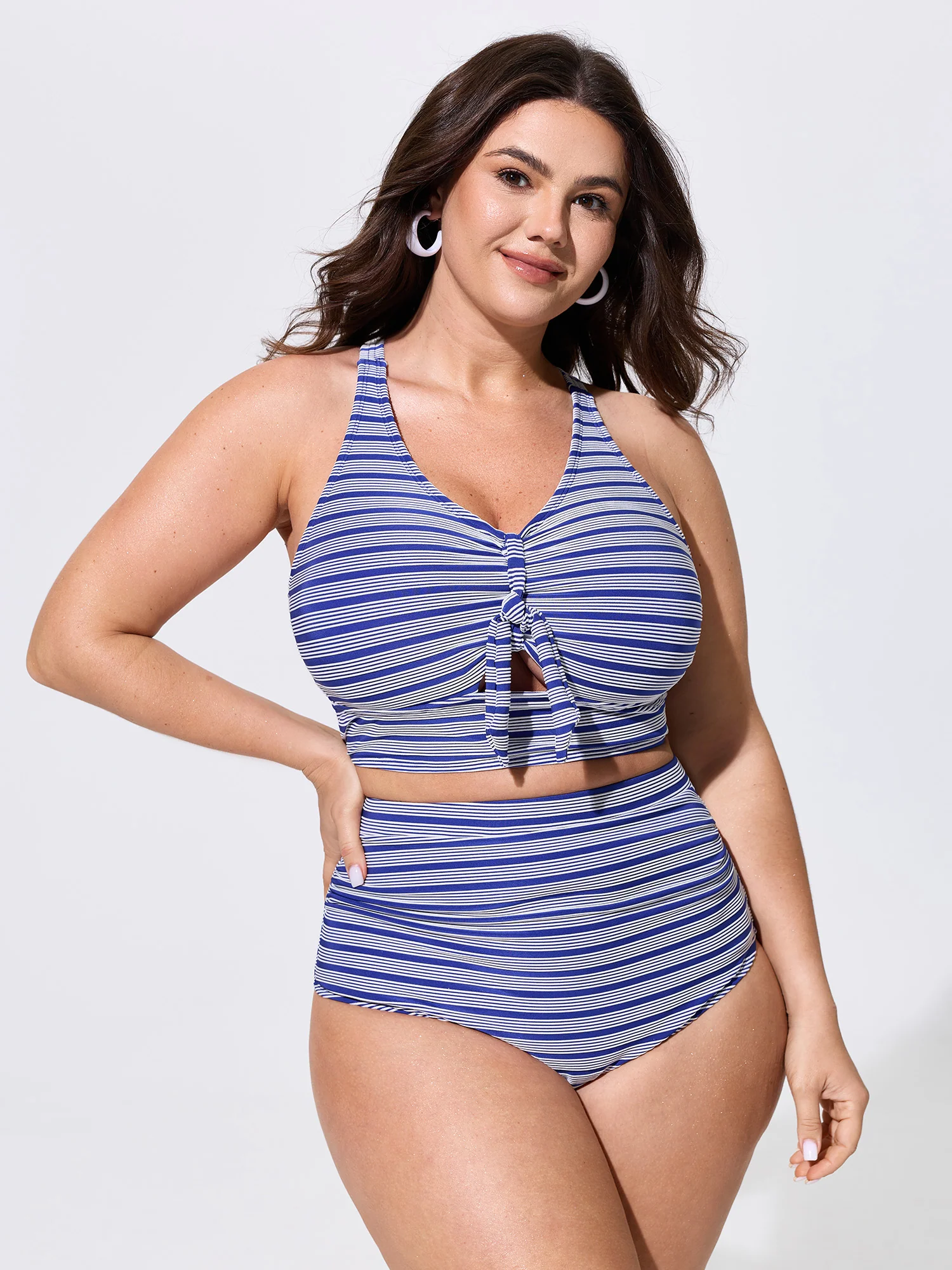 Striped Print Knotted Front Swim Top